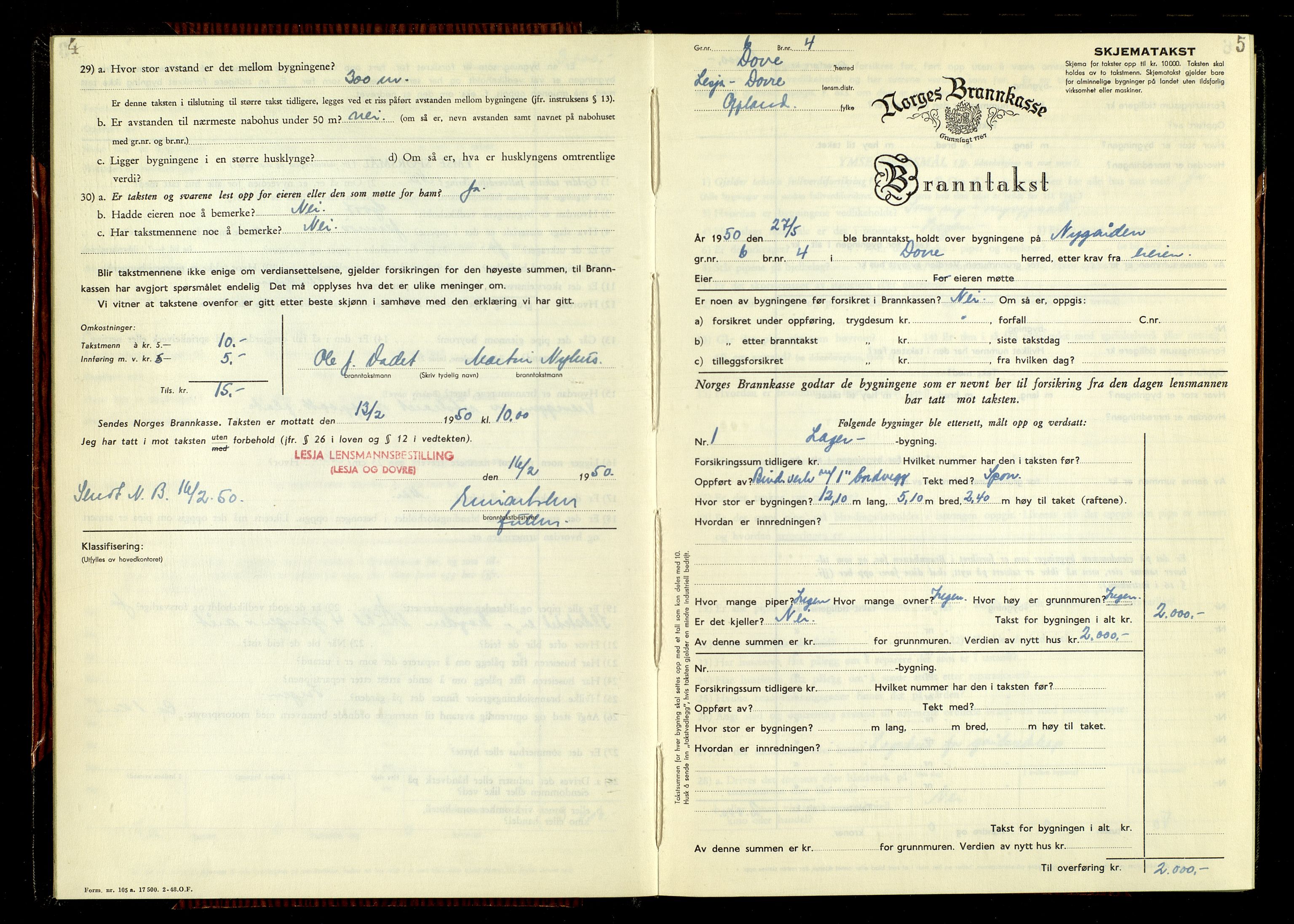 Norges Brannkasse, Lesja og Dovre, AV/SAH-NBRAND-030/F/L0004: Branntakstprotokoll, 1950-1956