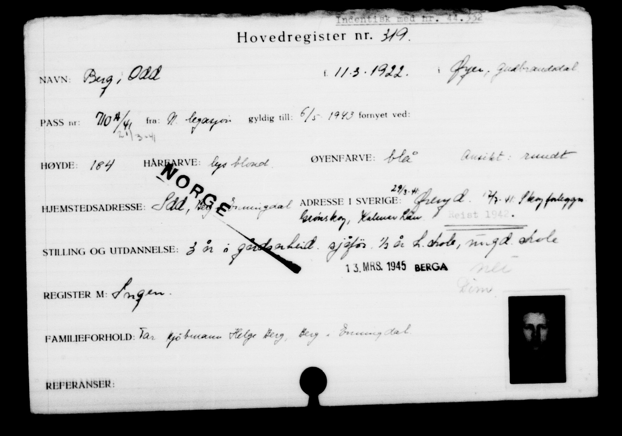 Utenriksstasjonene, Legasjonen i Stockholm, Flyktningkontoret, AV/RA-S-6753/V/Va/L0001: Kjesäterkartoteket, flyktninger med registreringsnr. 1-1000, 1940-1945, s. 510