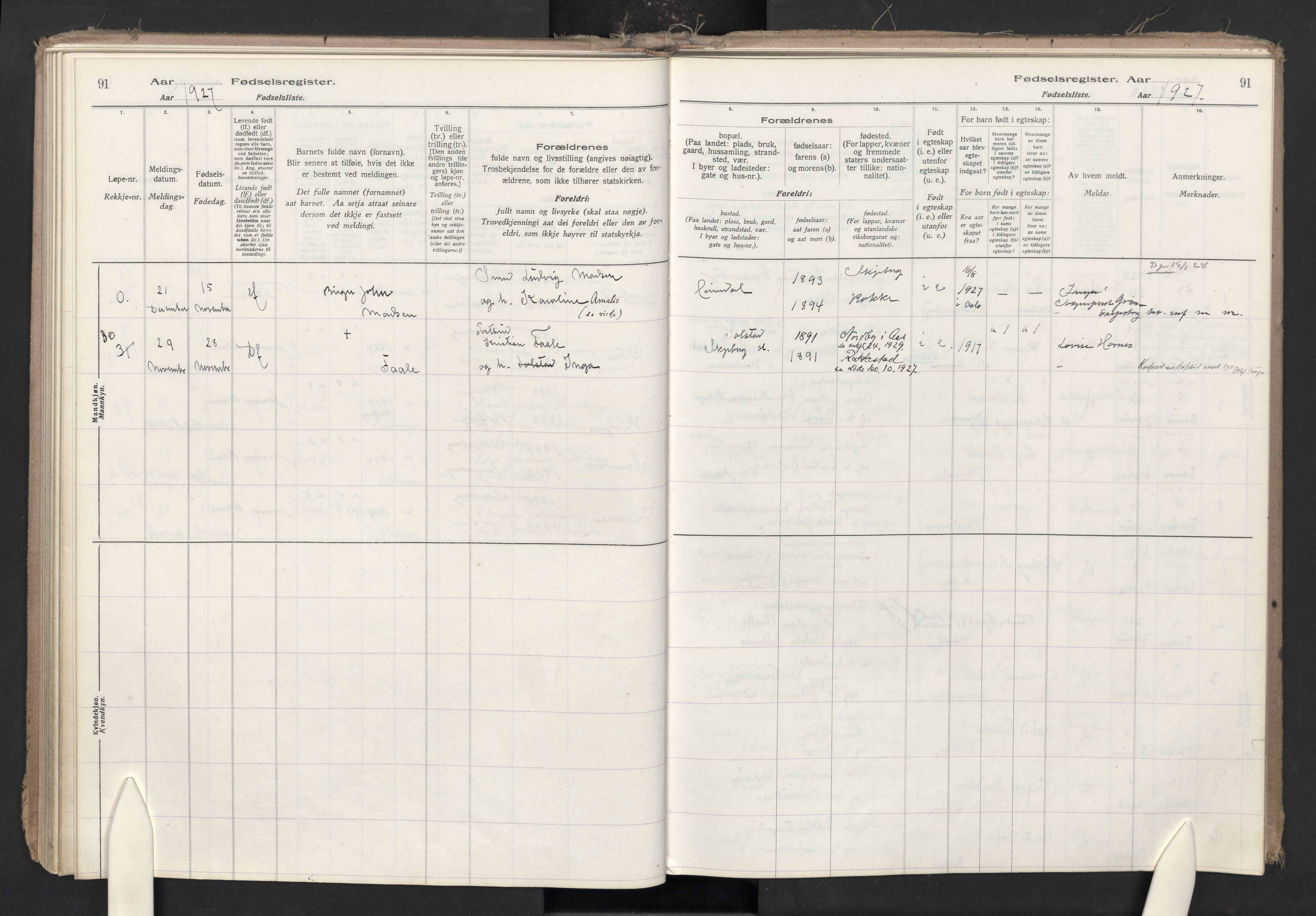 Skjeberg prestekontor Kirkebøker, AV/SAO-A-10923/J/Ja/L0001: Fødselsregister nr. I 1, 1916-1945, s. 91