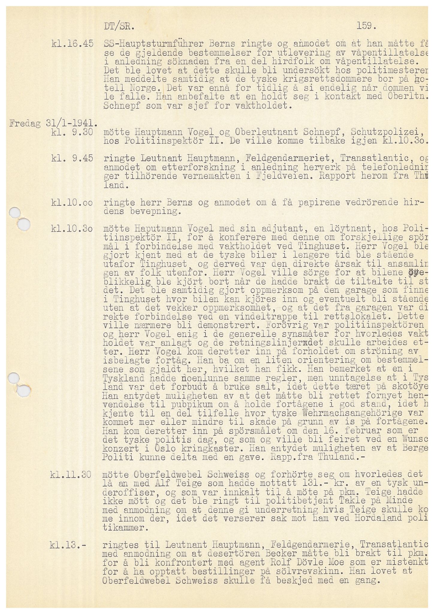 Bergen politikammer / politidistrikt, SAB/A-60401/Y/Ye/L0001: Avskrift av krigsdagbok av Dankert Thuland, 1940-1941, s. 159