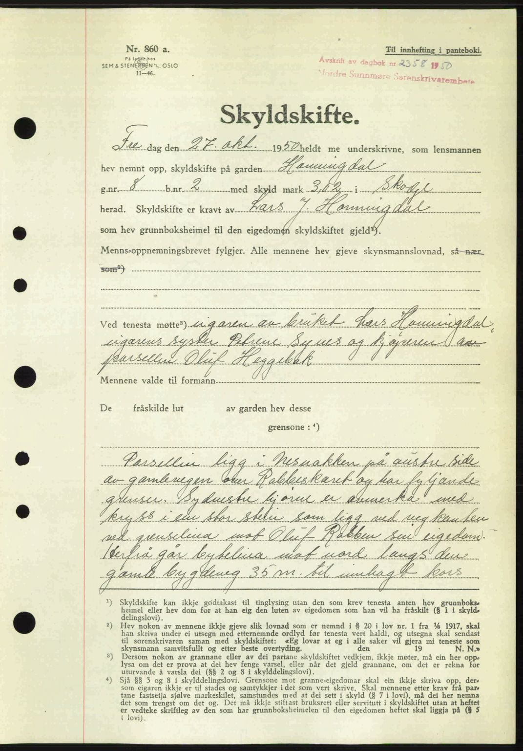 Nordre Sunnmøre sorenskriveri, AV/SAT-A-0006/1/2/2C/2Ca: Pantebok nr. A36, 1950-1950, Dagboknr: 2358/1950