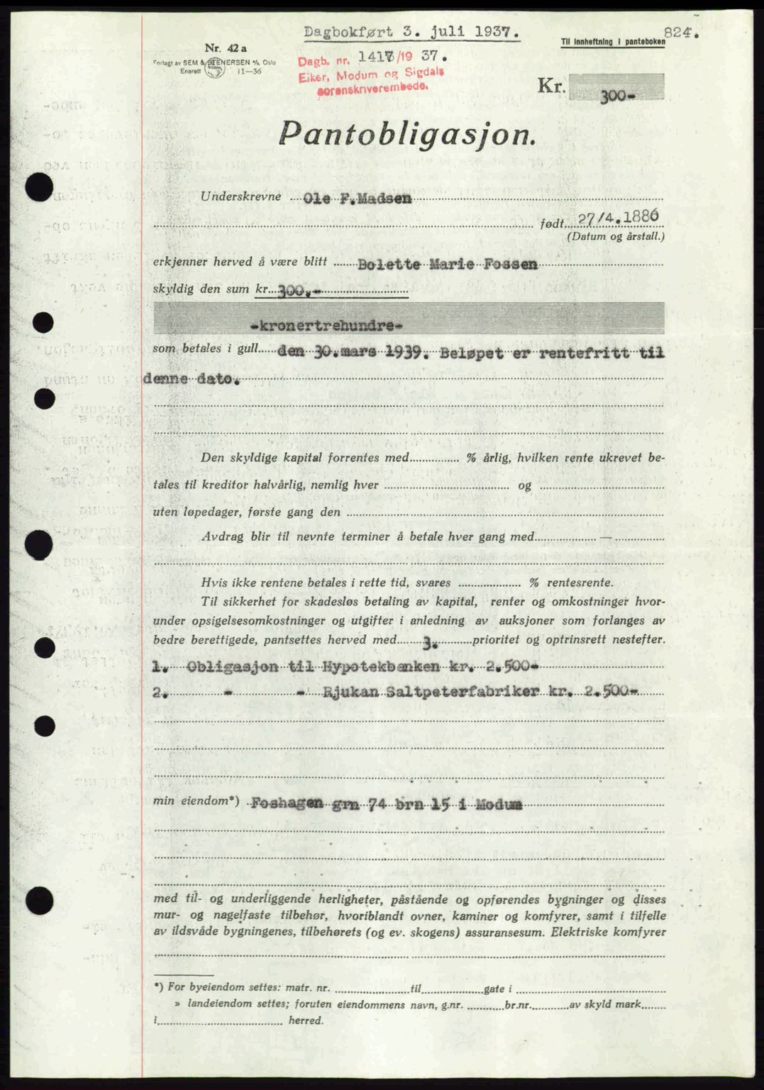 Eiker, Modum og Sigdal sorenskriveri, SAKO/A-123/G/Ga/Gab/L0035: Pantebok nr. A5, 1937-1937, Dagboknr: 1417/1937