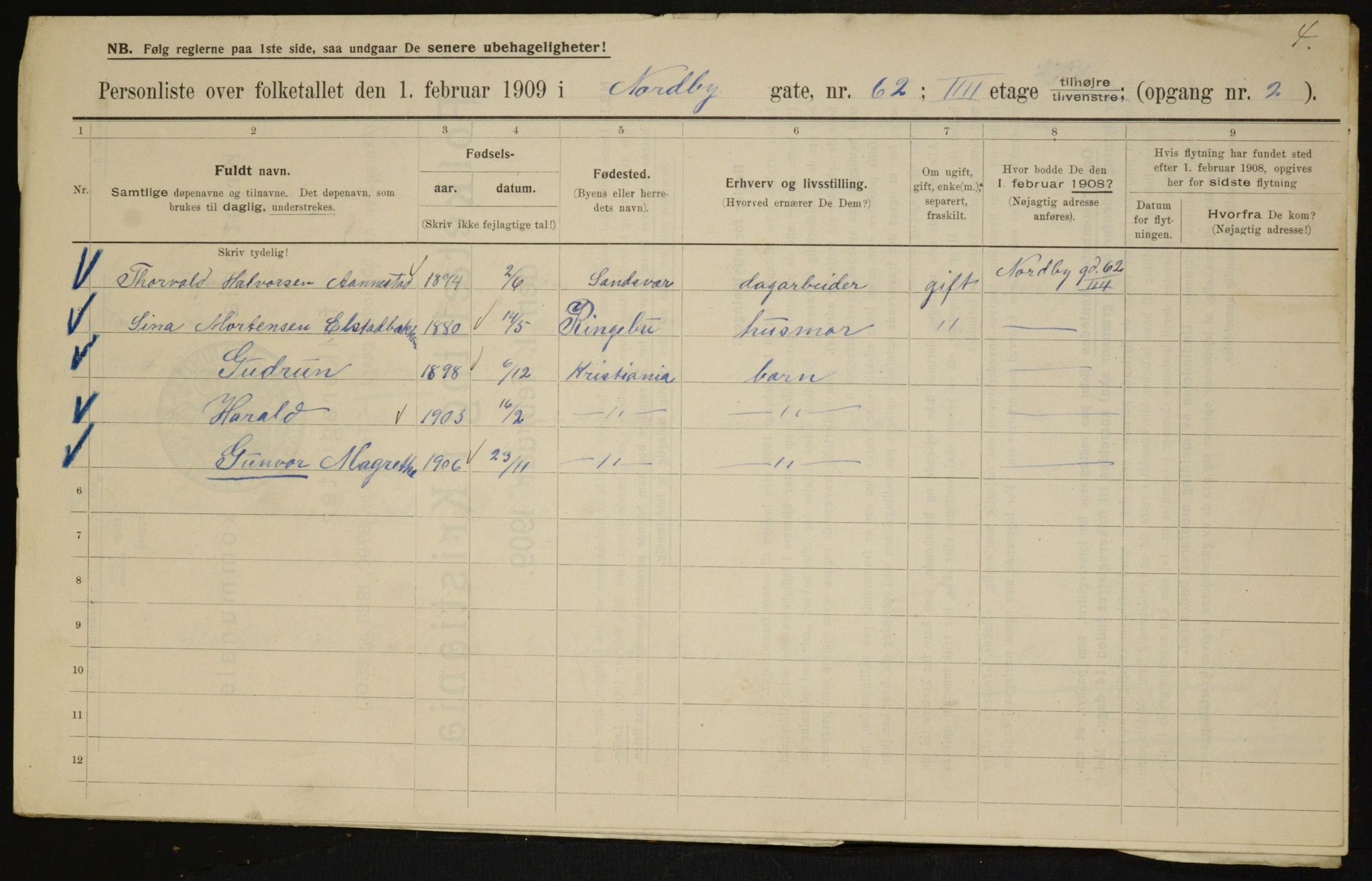 OBA, Kommunal folketelling 1.2.1909 for Kristiania kjøpstad, 1909, s. 65315