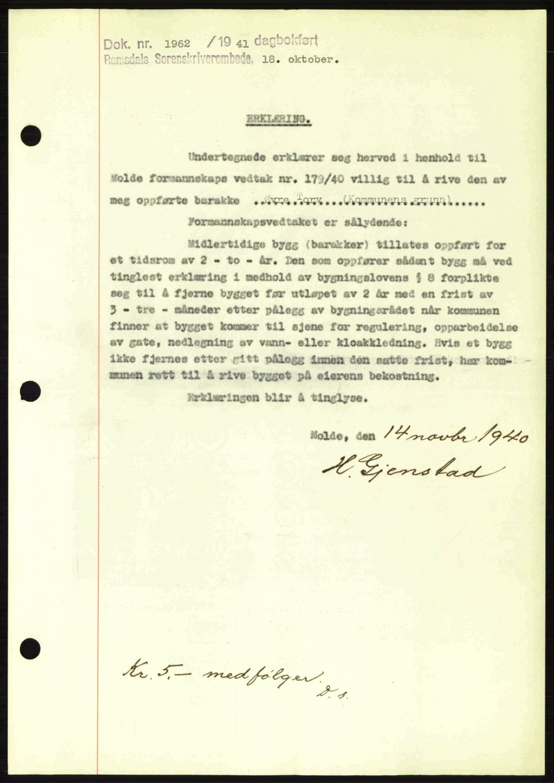 Romsdal sorenskriveri, SAT/A-4149/1/2/2C: Pantebok nr. B2, 1939-1945, Dagboknr: 1962/1941