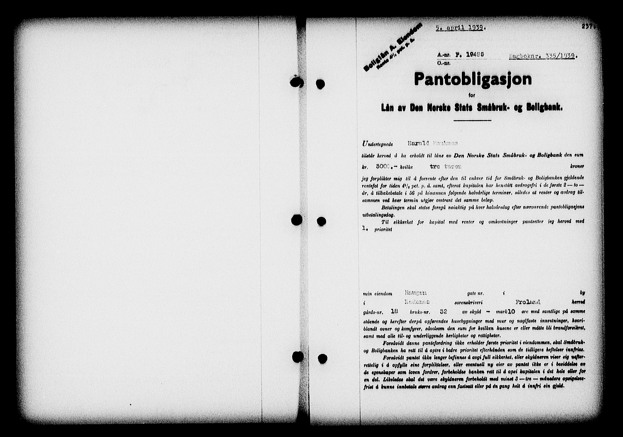 Nedenes sorenskriveri, SAK/1221-0006/G/Gb/Gba/L0046: Pantebok nr. 42, 1938-1939, Dagboknr: 335/1939