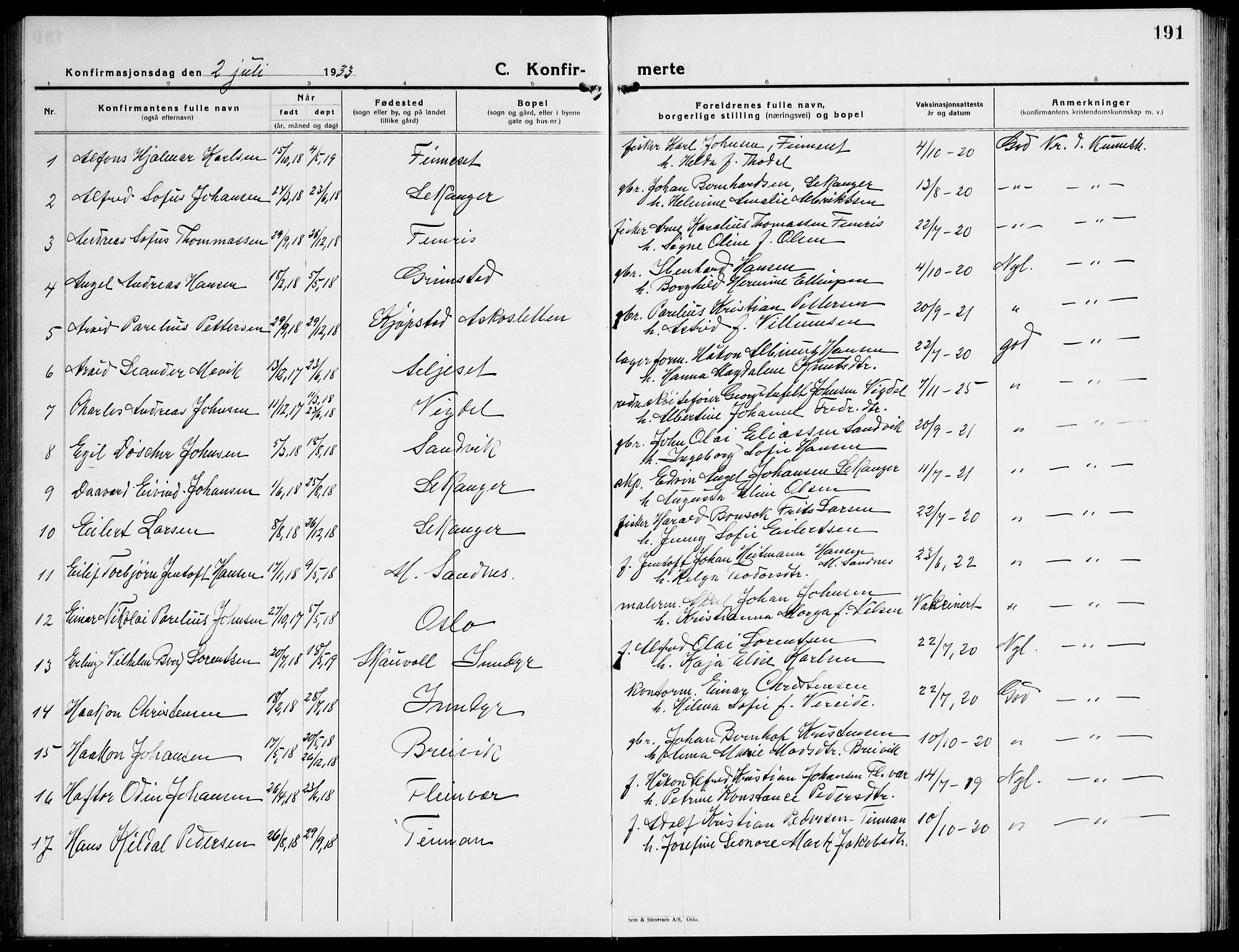 Ministerialprotokoller, klokkerbøker og fødselsregistre - Nordland, AV/SAT-A-1459/805/L0111: Klokkerbok nr. 805C07, 1925-1943, s. 191