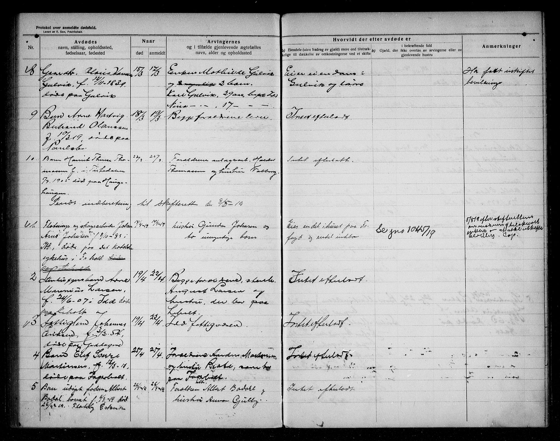 Idd lensmannsarkiv, AV/SAO-A-10633/H/Ha/L0003: Dødsfallsprotokoll, 1911-1920