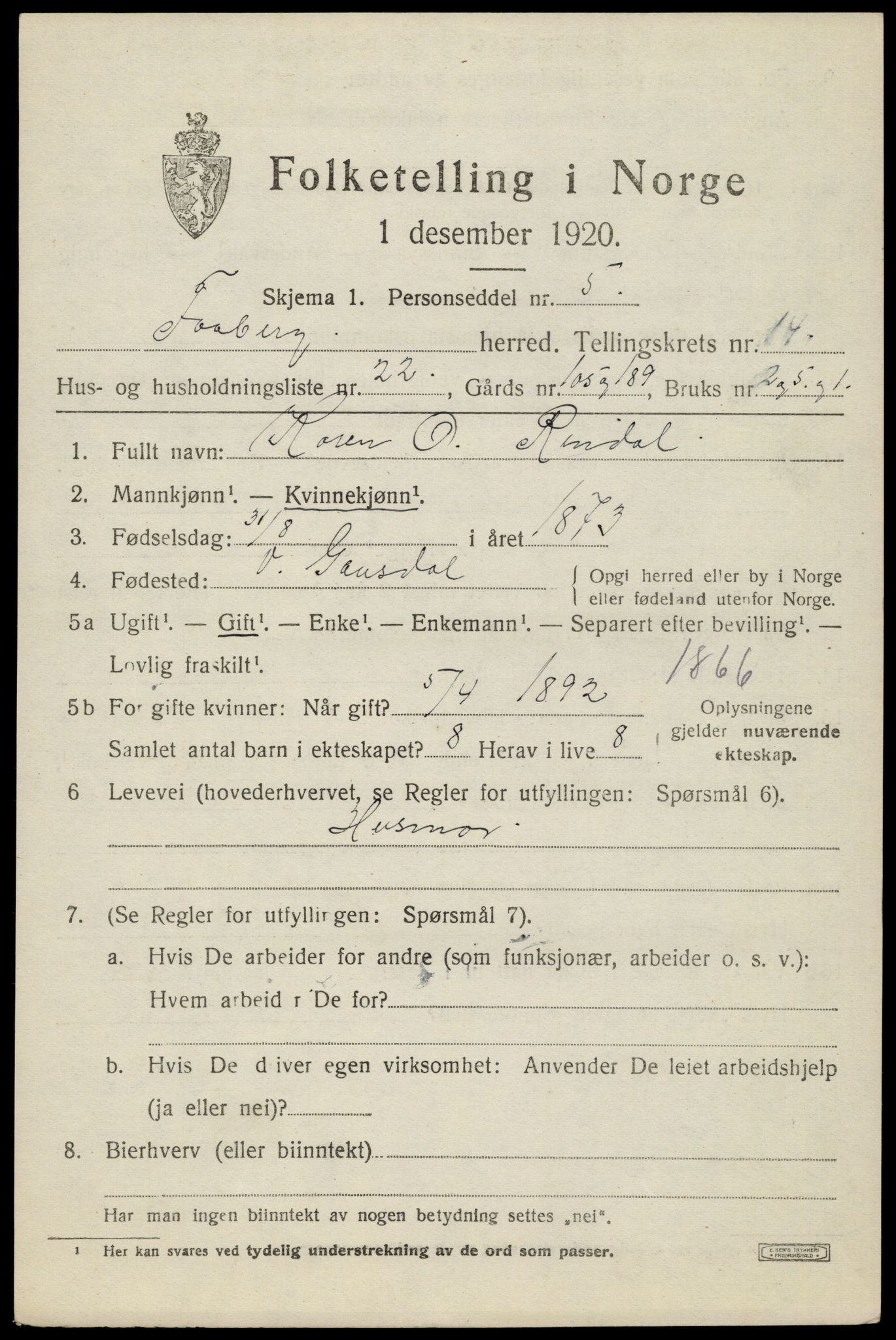 SAH, Folketelling 1920 for 0524 Fåberg herred, 1920, s. 15016