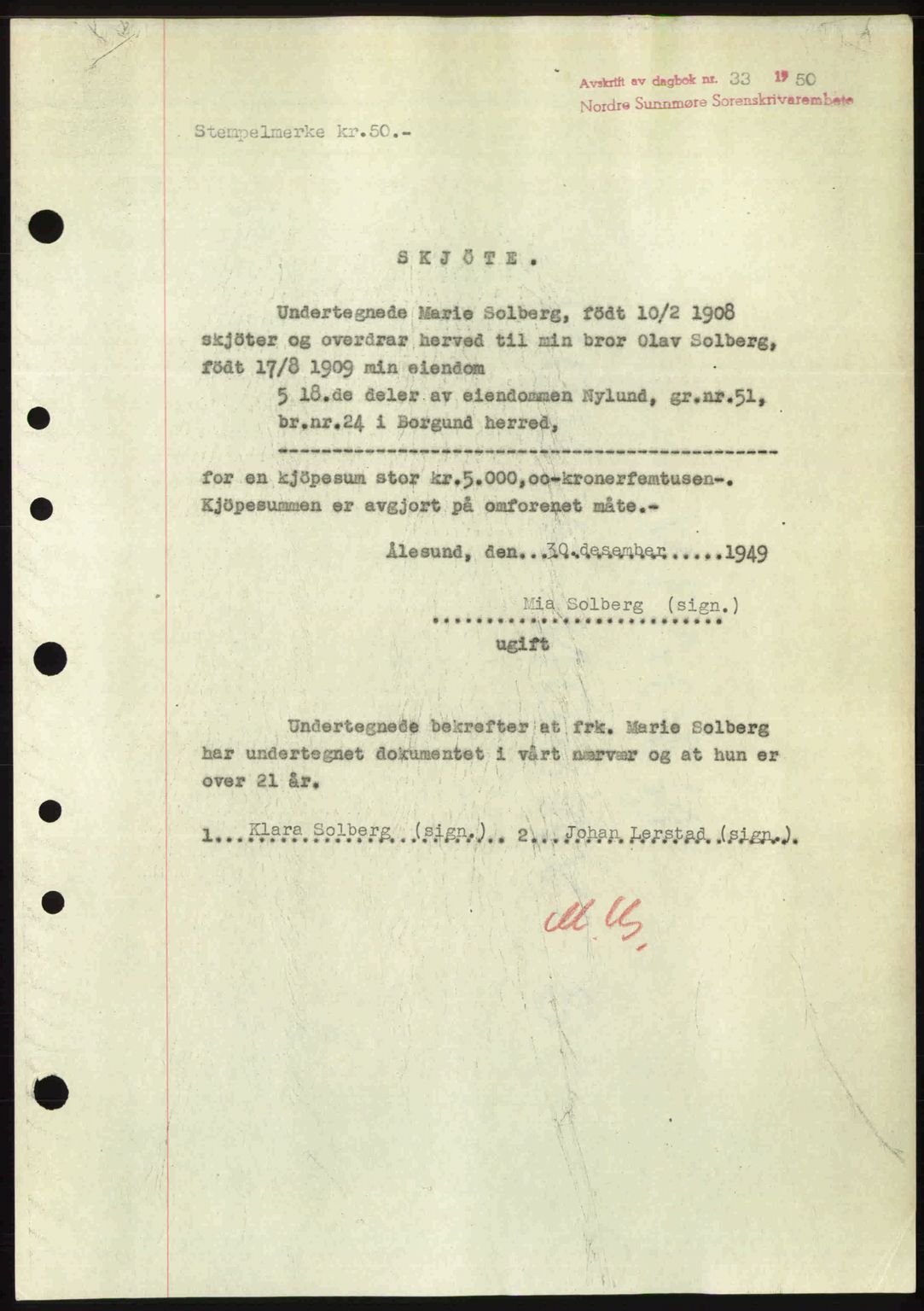 Nordre Sunnmøre sorenskriveri, AV/SAT-A-0006/1/2/2C/2Ca: Pantebok nr. A33, 1949-1950, Dagboknr: 33/1950