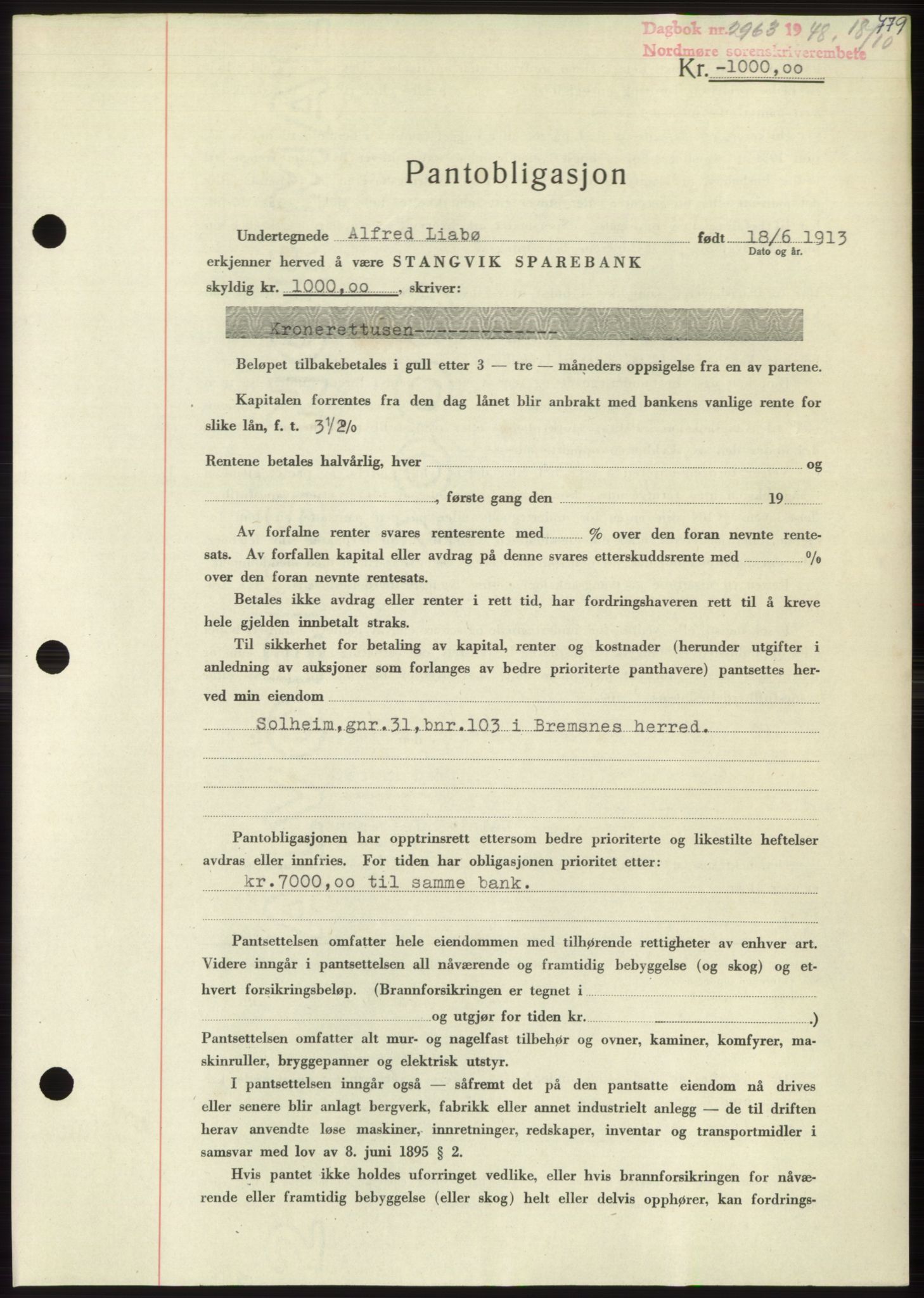 Nordmøre sorenskriveri, SAT/A-4132/1/2/2Ca: Pantebok nr. B99, 1948-1948, Dagboknr: 2963/1948