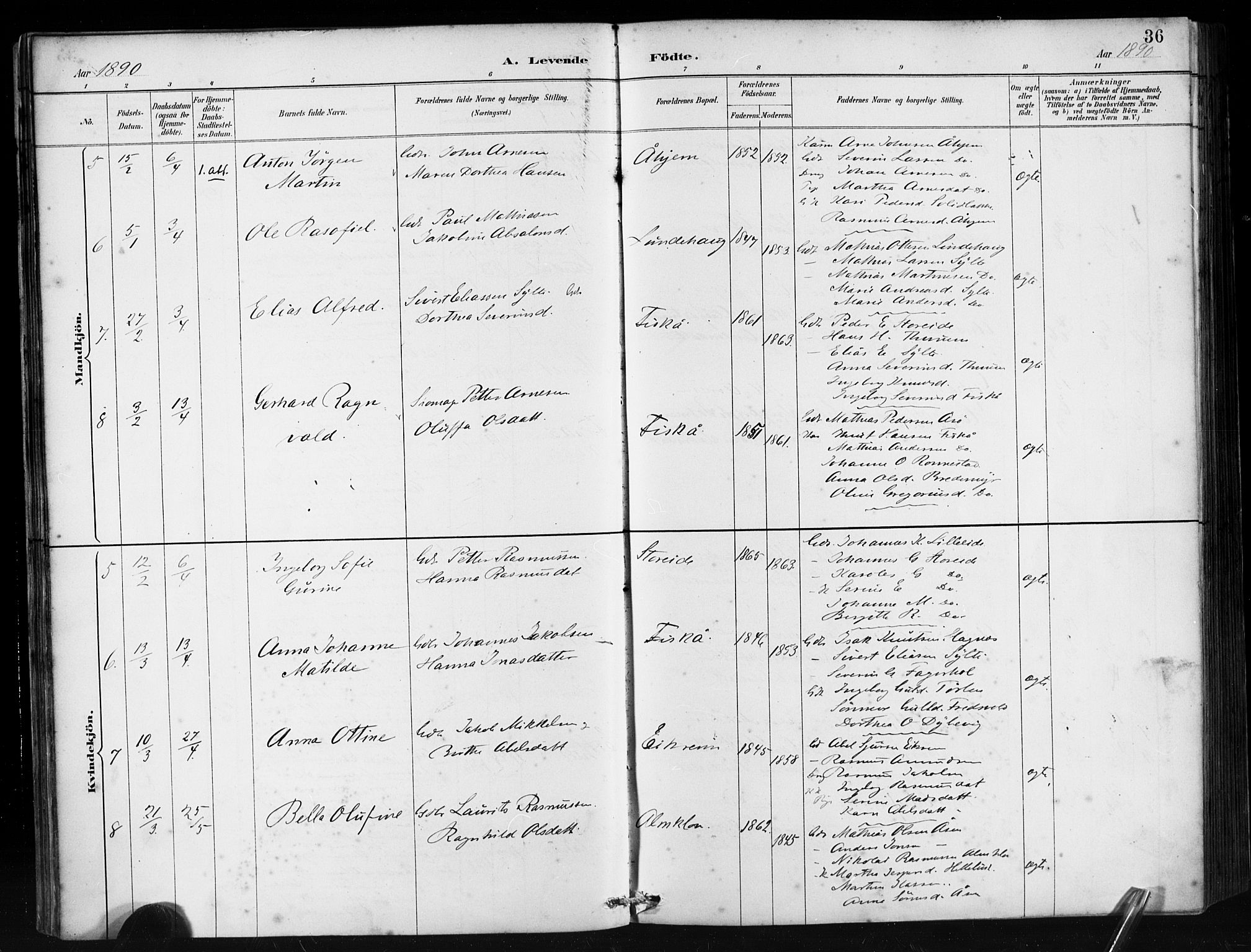 Ministerialprotokoller, klokkerbøker og fødselsregistre - Møre og Romsdal, AV/SAT-A-1454/501/L0008: Ministerialbok nr. 501A08, 1885-1901, s. 36