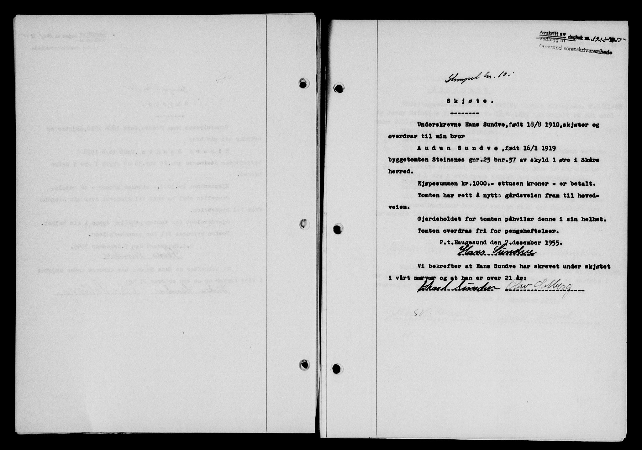 Karmsund sorenskriveri, SAST/A-100311/01/II/IIB/L0118: Pantebok nr. 98A, 1955-1956, Dagboknr: 3922/1955