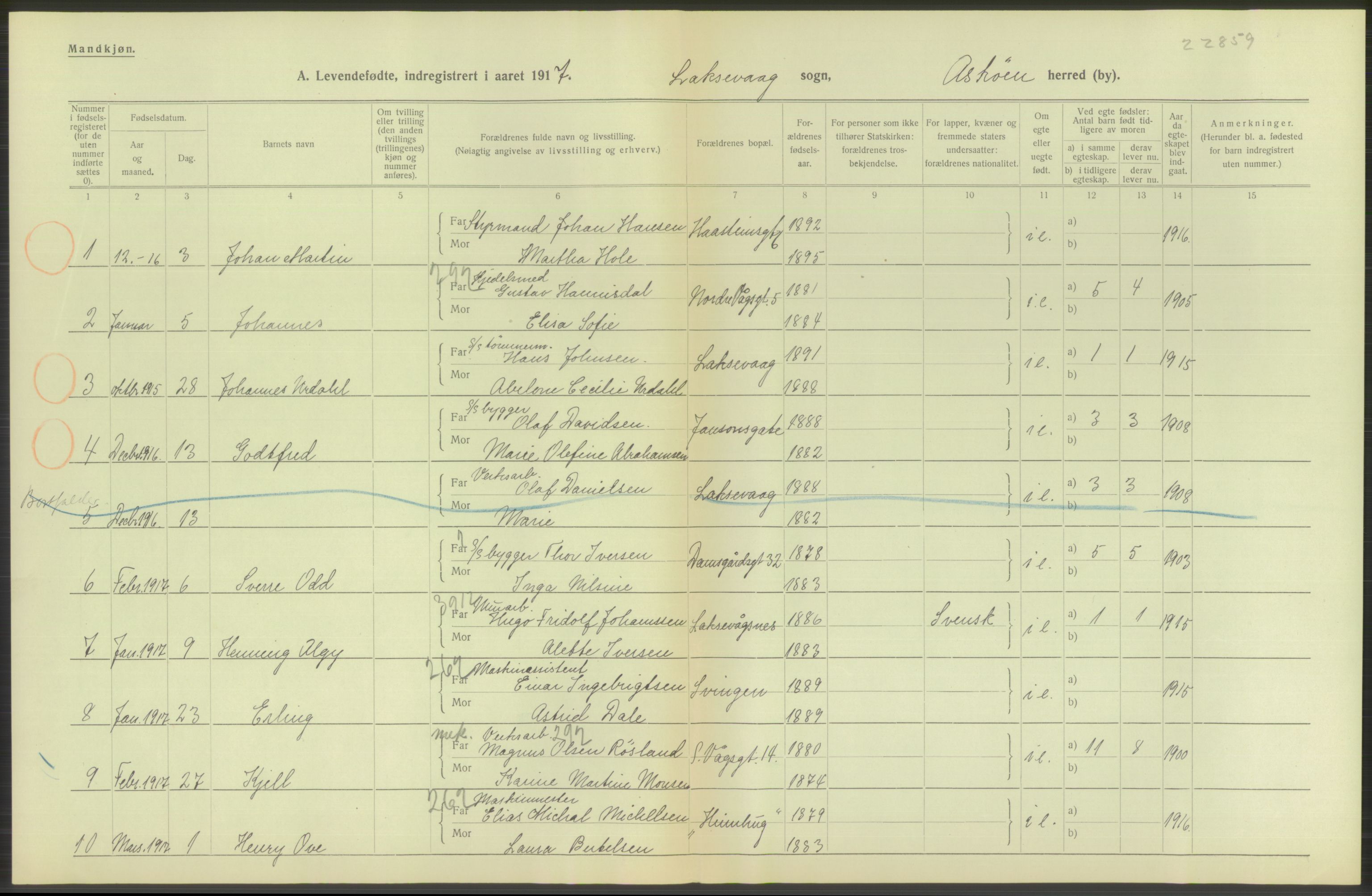 Statistisk sentralbyrå, Sosiodemografiske emner, Befolkning, RA/S-2228/D/Df/Dfb/Dfbg/L0034: S. Bergenhus amt: Levendefødte menn og kvinner. Bygder., 1917, s. 276