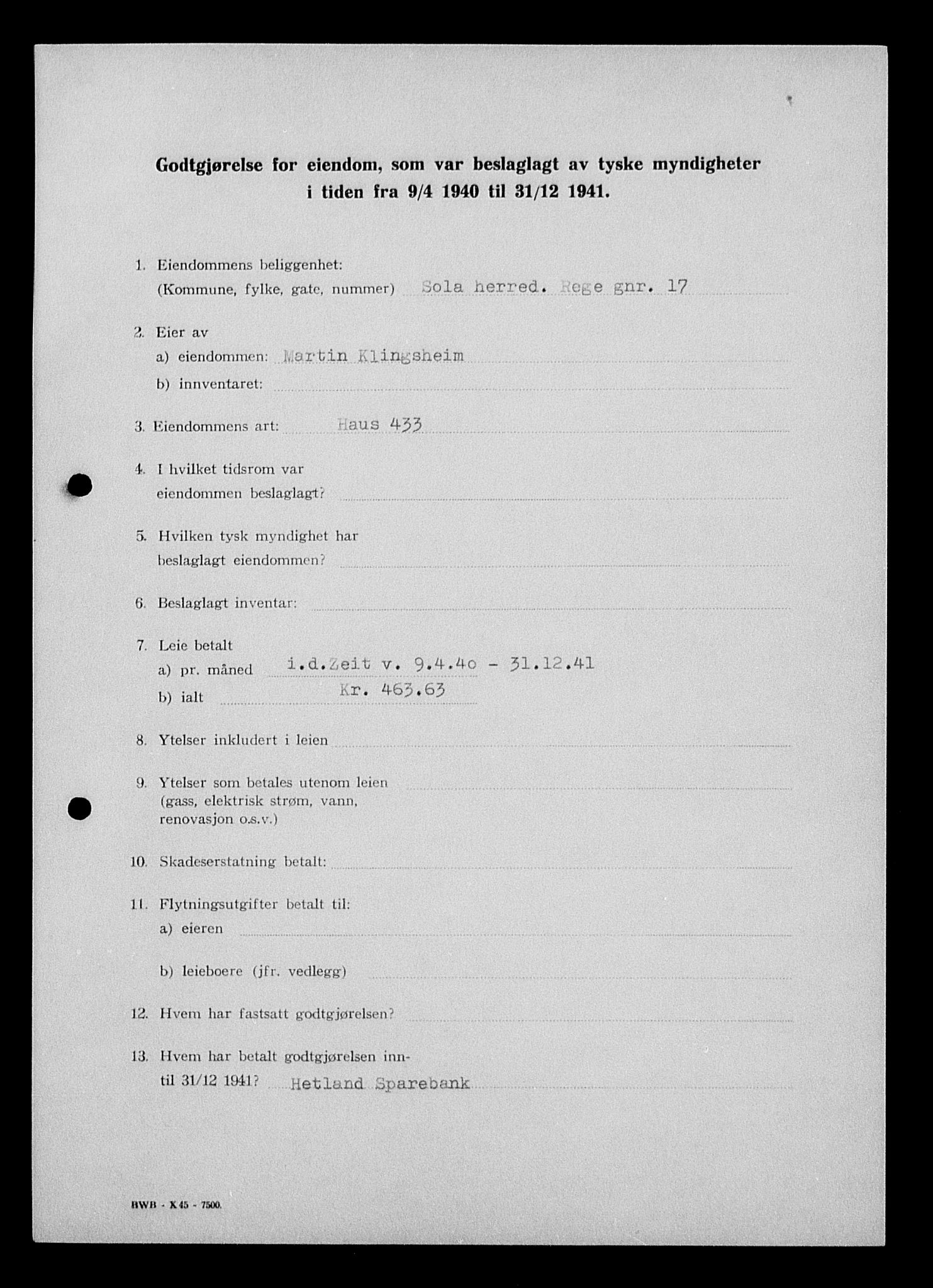Justisdepartementet, Tilbakeføringskontoret for inndratte formuer, AV/RA-S-1564/I/L1014: Godtgjørelse for beslaglagt eiendom, 1940-1941, s. 421