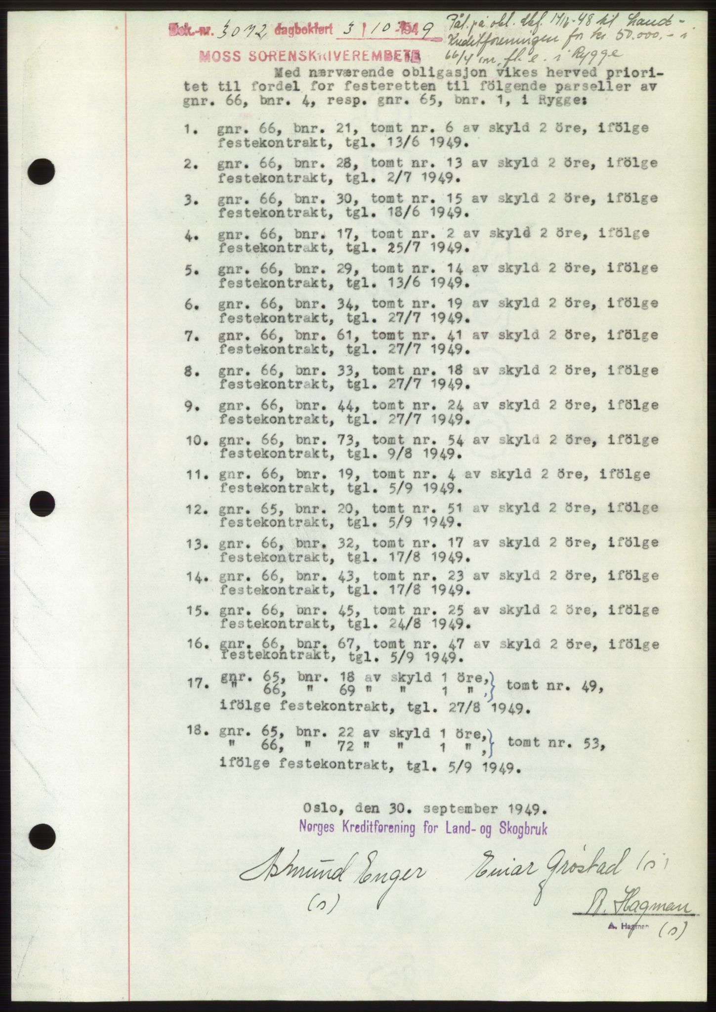 Moss sorenskriveri, SAO/A-10168: Pantebok nr. B22, 1949-1949, Dagboknr: 3072/1949