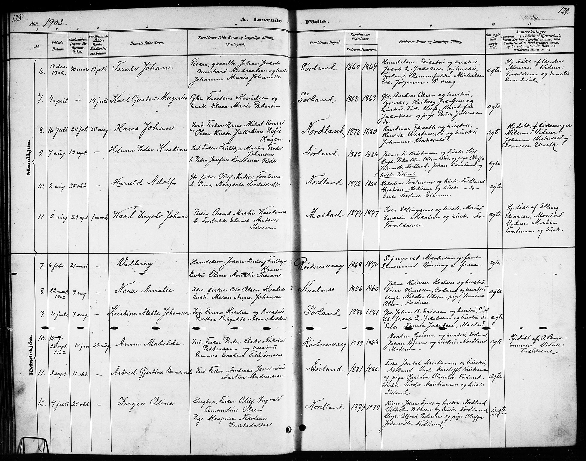 Ministerialprotokoller, klokkerbøker og fødselsregistre - Nordland, SAT/A-1459/807/L0123: Klokkerbok nr. 807C01, 1884-1910, s. 128-129