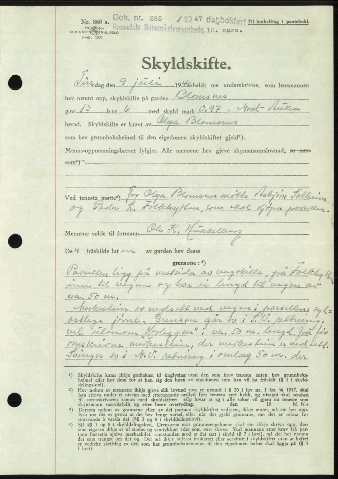 Romsdal sorenskriveri, AV/SAT-A-4149/1/2/2C: Pantebok nr. A22, 1947-1947, Dagboknr: 535/1947