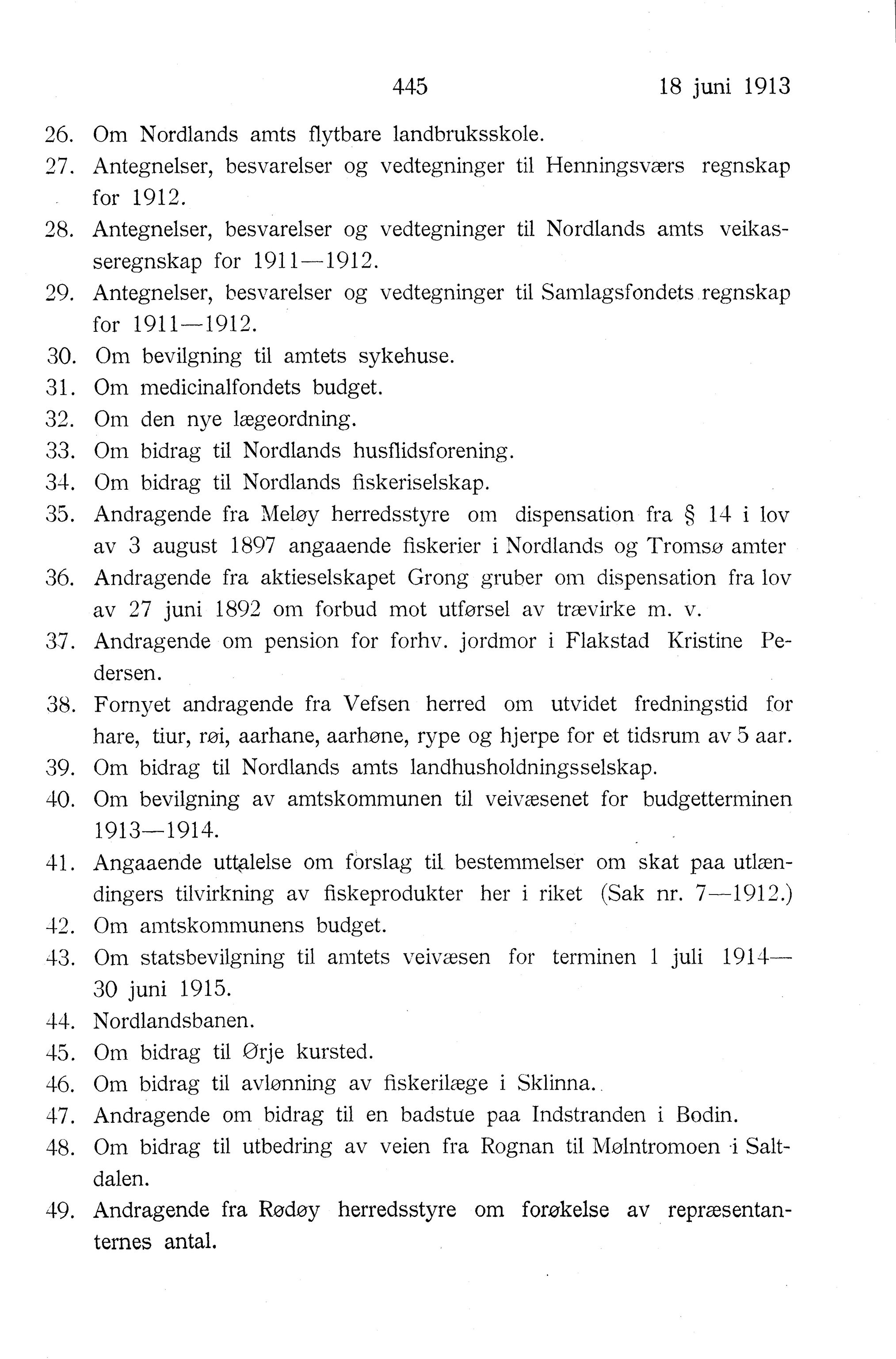 Nordland Fylkeskommune. Fylkestinget, AIN/NFK-17/176/A/Ac/L0036: Fylkestingsforhandlinger 1913, 1913