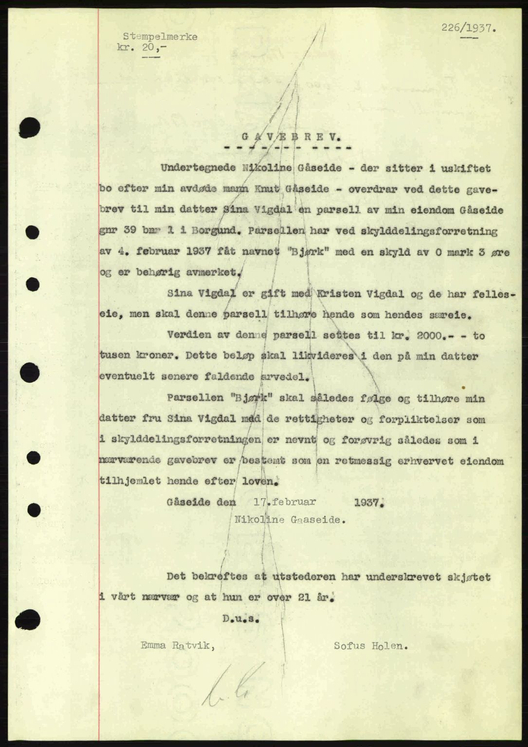 Nordre Sunnmøre sorenskriveri, SAT/A-0006/1/2/2C/2Ca: Pantebok nr. A2, 1936-1937, Dagboknr: 226/1937