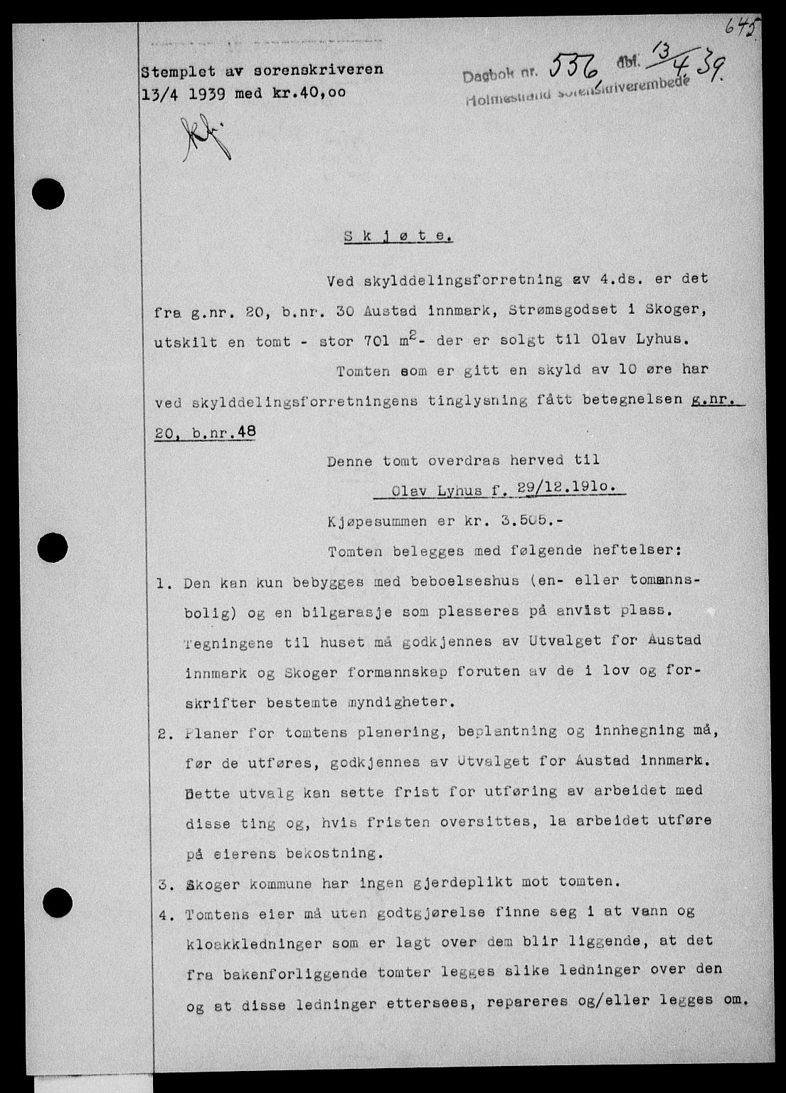 Holmestrand sorenskriveri, SAKO/A-67/G/Ga/Gaa/L0050: Pantebok nr. A-50, 1938-1939, Dagboknr: 556/1939