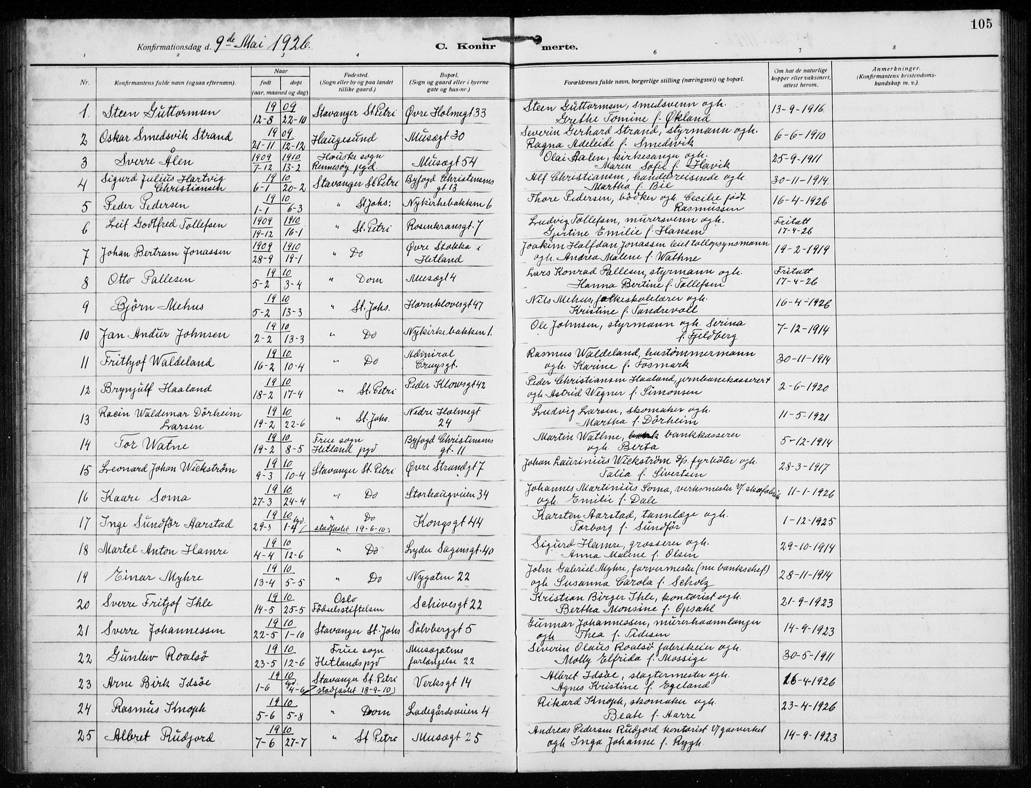St. Petri sokneprestkontor, AV/SAST-A-101813/002/A/L0004: Ministerialbok nr. A 25, 1917-1935, s. 105