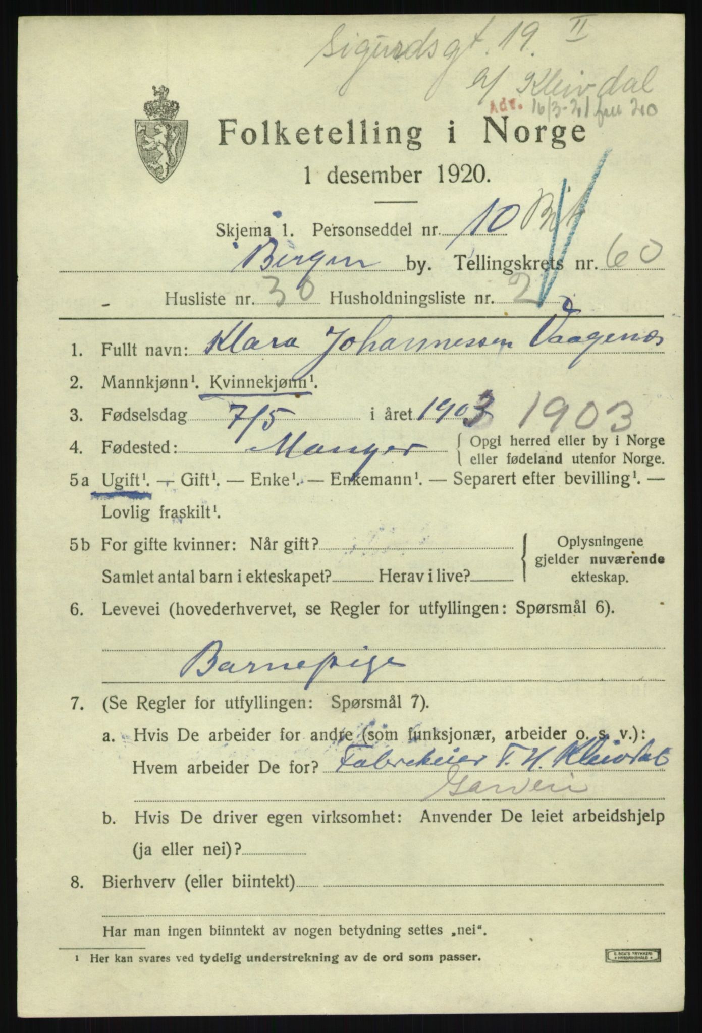 SAB, Folketelling 1920 for 1301 Bergen kjøpstad, 1920, s. 130000