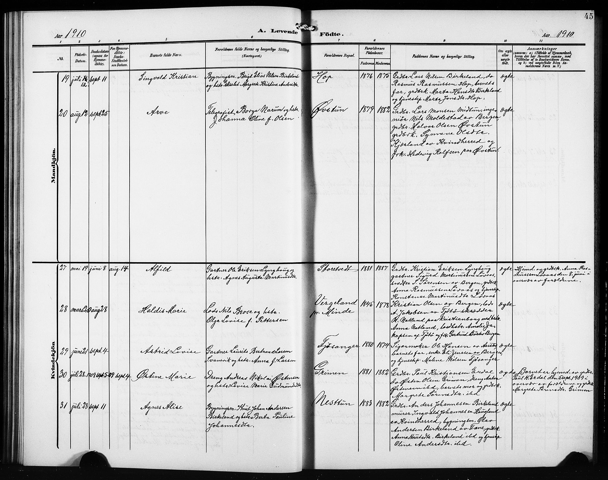 Birkeland Sokneprestembete, AV/SAB-A-74601/H/Hab: Klokkerbok nr. A 6, 1906-1915, s. 45