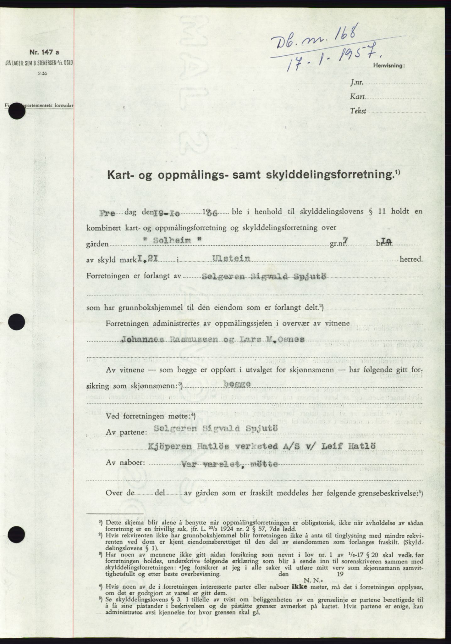 Søre Sunnmøre sorenskriveri, SAT/A-4122/1/2/2C/L0105: Pantebok nr. 31A, 1956-1957, Dagboknr: 168/1957