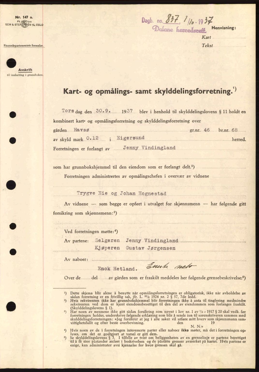 Dalane sorenskriveri, SAST/A-100309/02/G/Gb/L0041: Pantebok nr. A2, 1936-1937, Dagboknr: 837/1937