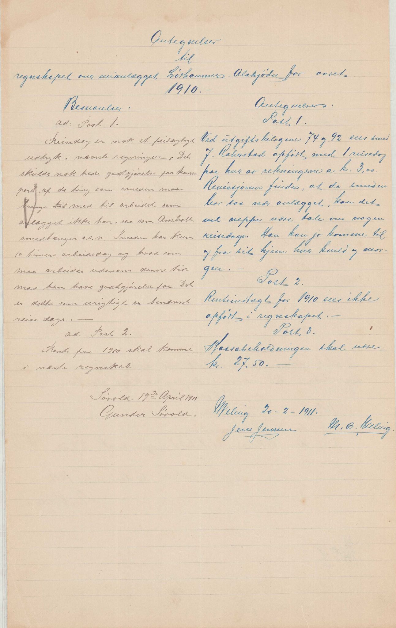 Finnaas kommune. Formannskapet, IKAH/1218a-021/E/Ea/L0001/0003: Rekneskap for veganlegg / Rekneskap for veganlegget Laurhammer - Olakjødn, 1909-1911, s. 62