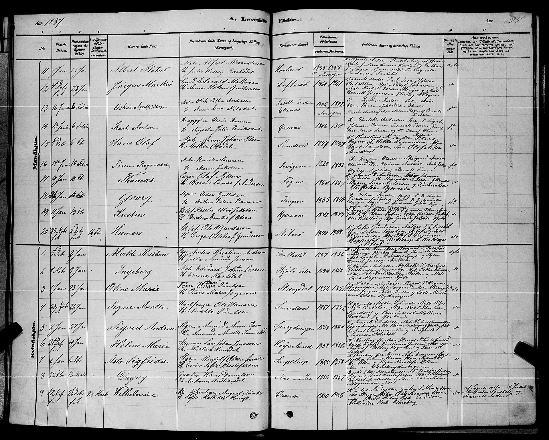 Nøtterøy kirkebøker, AV/SAKO-A-354/G/Ga/L0003: Klokkerbok nr. I 3, 1878-1893, s. 95