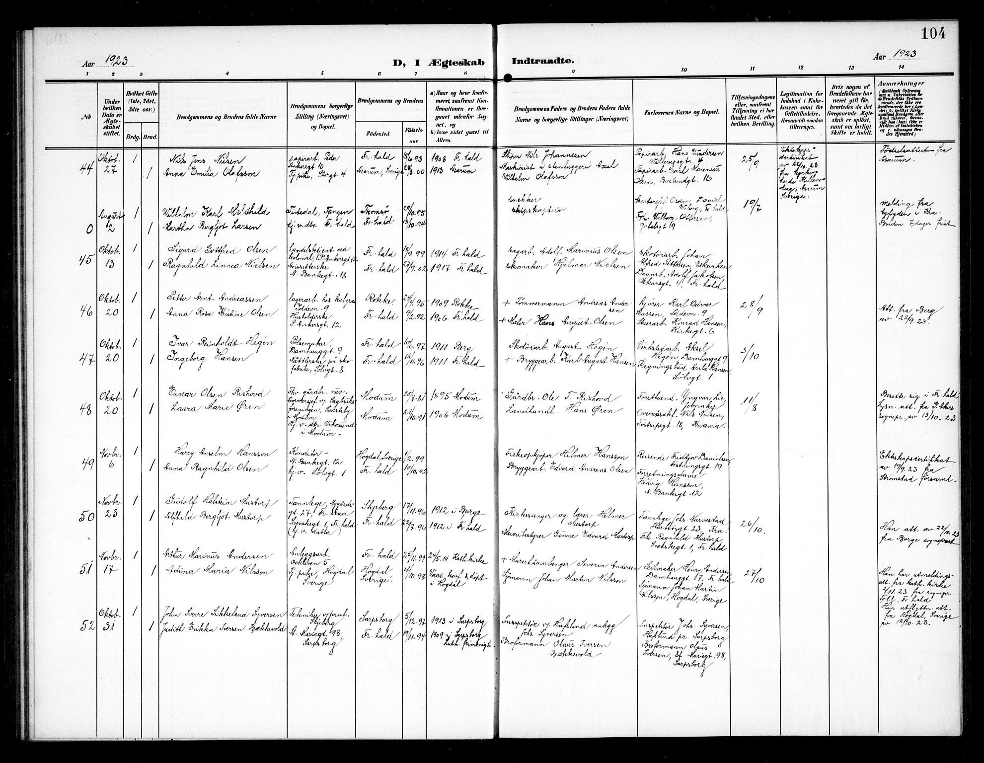 Halden prestekontor Kirkebøker, AV/SAO-A-10909/G/Ga/L0011: Klokkerbok nr. 11, 1906-1934, s. 104