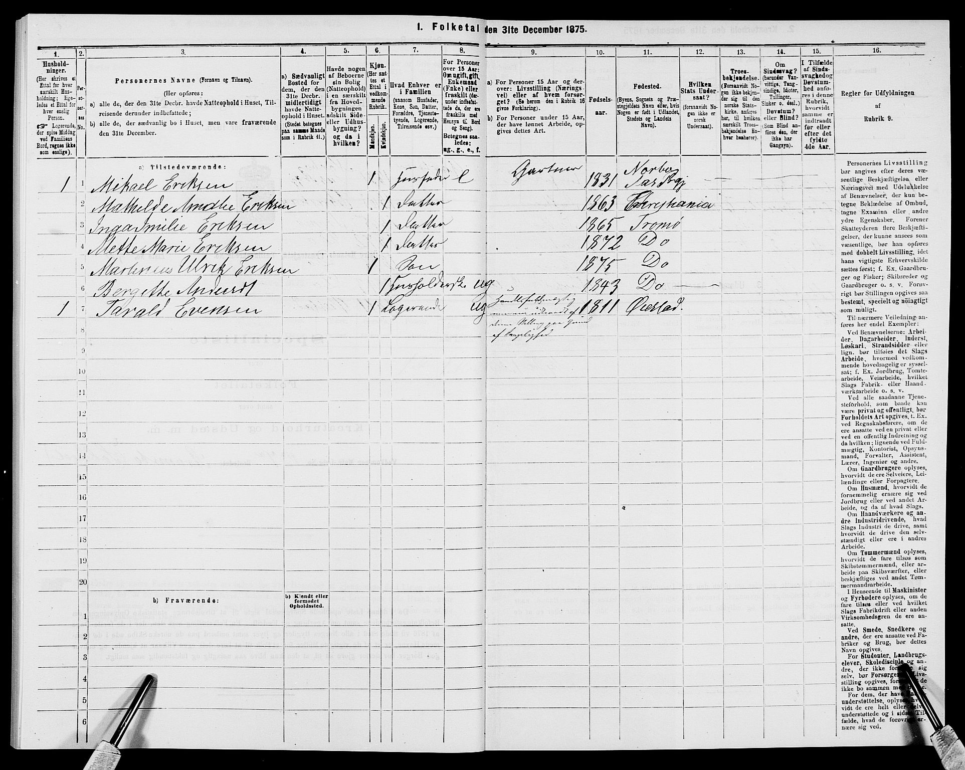 SAK, Folketelling 1875 for 0918P Austre Moland prestegjeld, 1875, s. 212