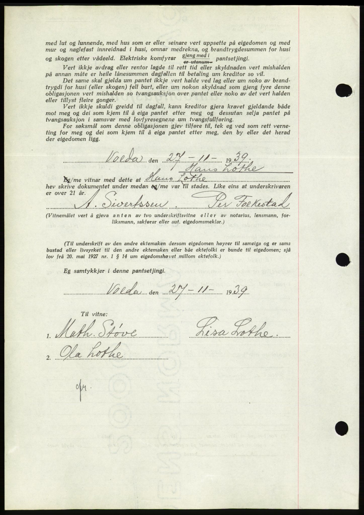 Søre Sunnmøre sorenskriveri, AV/SAT-A-4122/1/2/2C/L0069: Pantebok nr. 63, 1939-1940, Dagboknr: 1826/1939