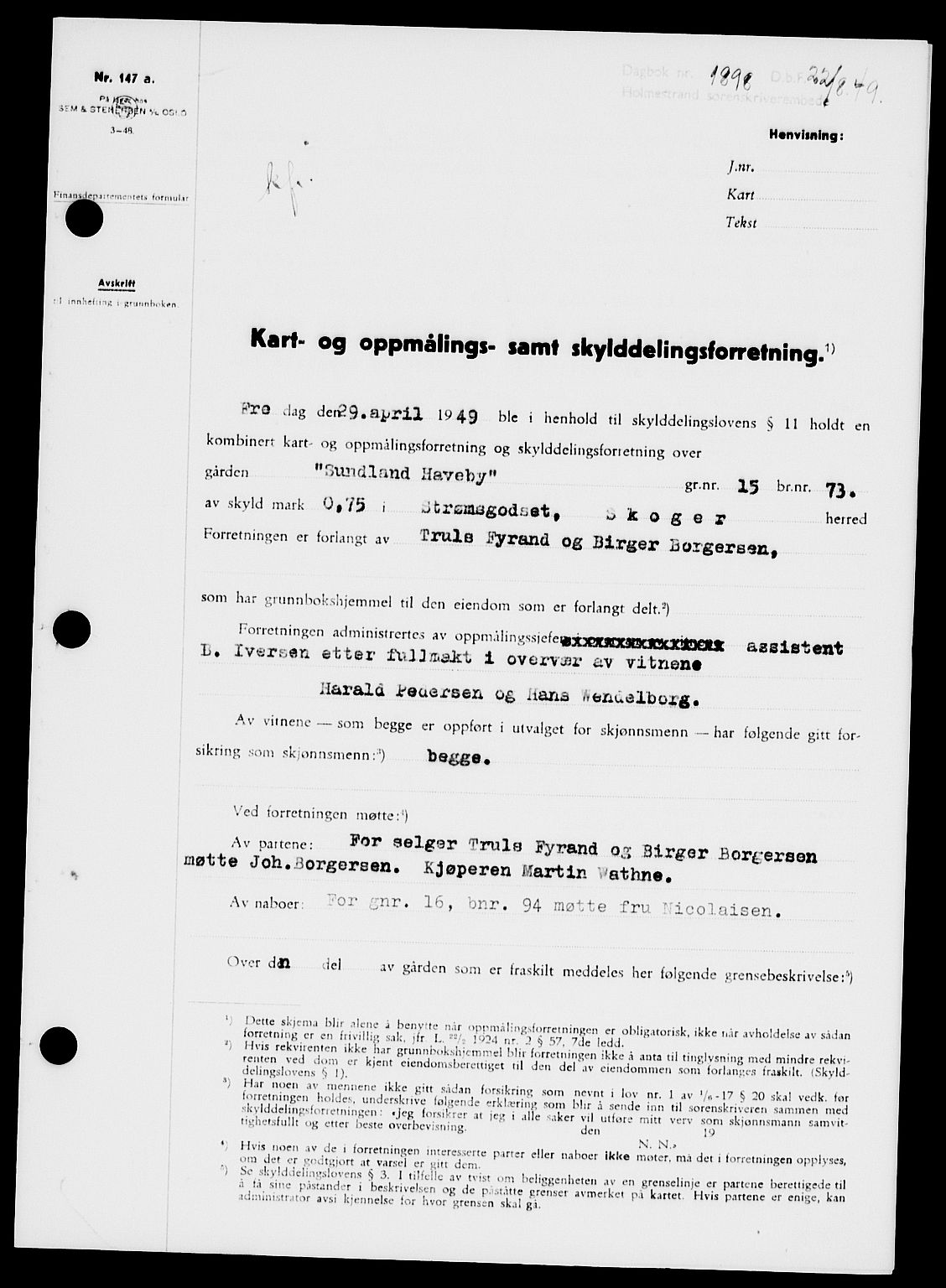 Holmestrand sorenskriveri, SAKO/A-67/G/Ga/Gaa/L0067: Pantebok nr. A-67, 1949-1949, Dagboknr: 1898/1949