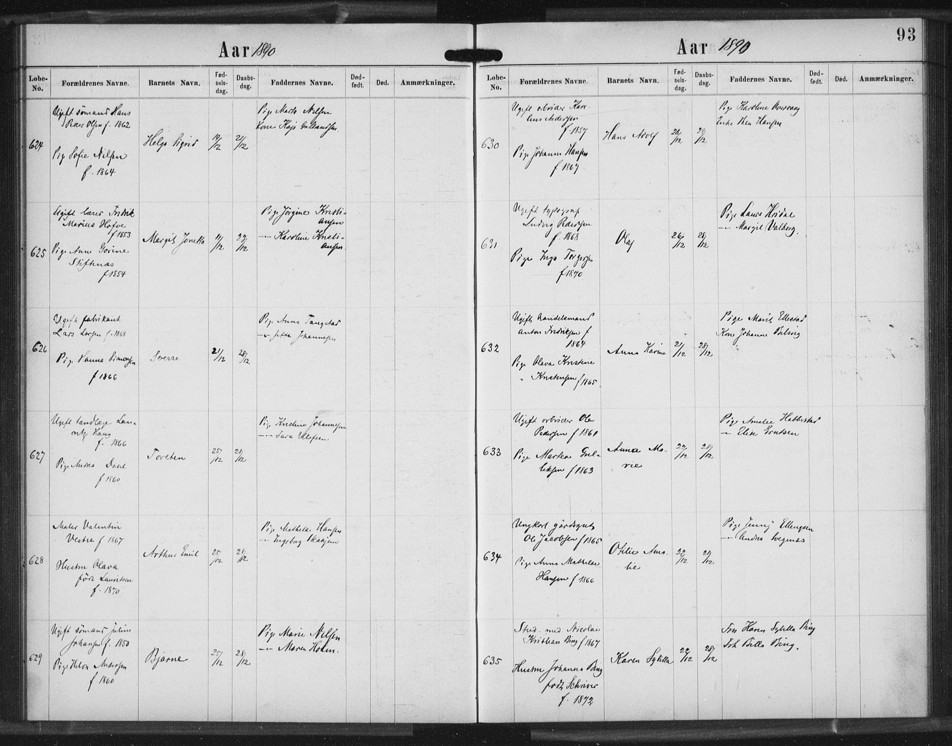 Rikshospitalet prestekontor Kirkebøker, AV/SAO-A-10309b/K/L0003/0003: Dåpsbok nr. 3.3, 1889-1892, s. 93