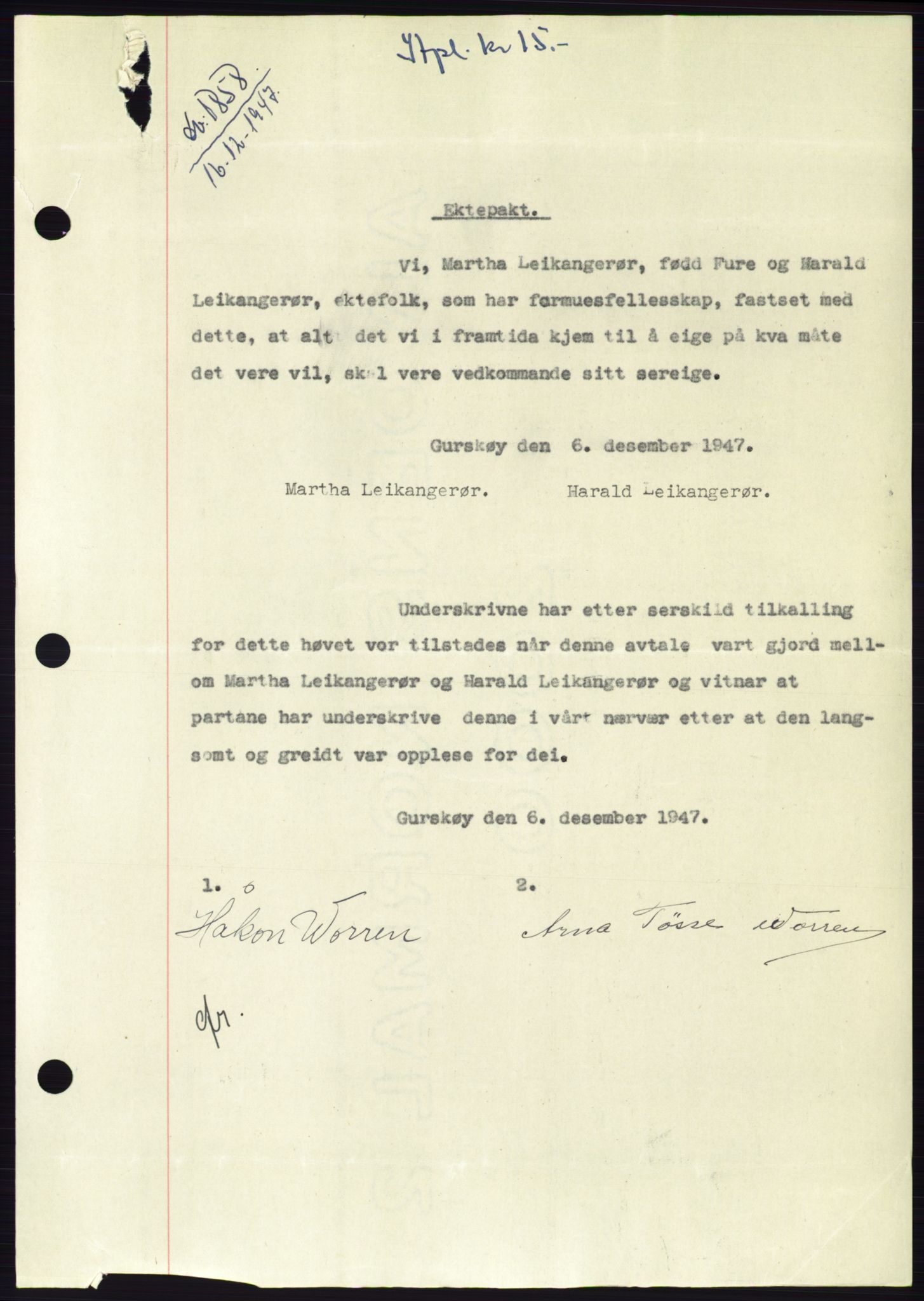 Søre Sunnmøre sorenskriveri, AV/SAT-A-4122/1/2/2C/L0115: Pantebok nr. 3B, 1947-1948, Dagboknr: 1858/1947