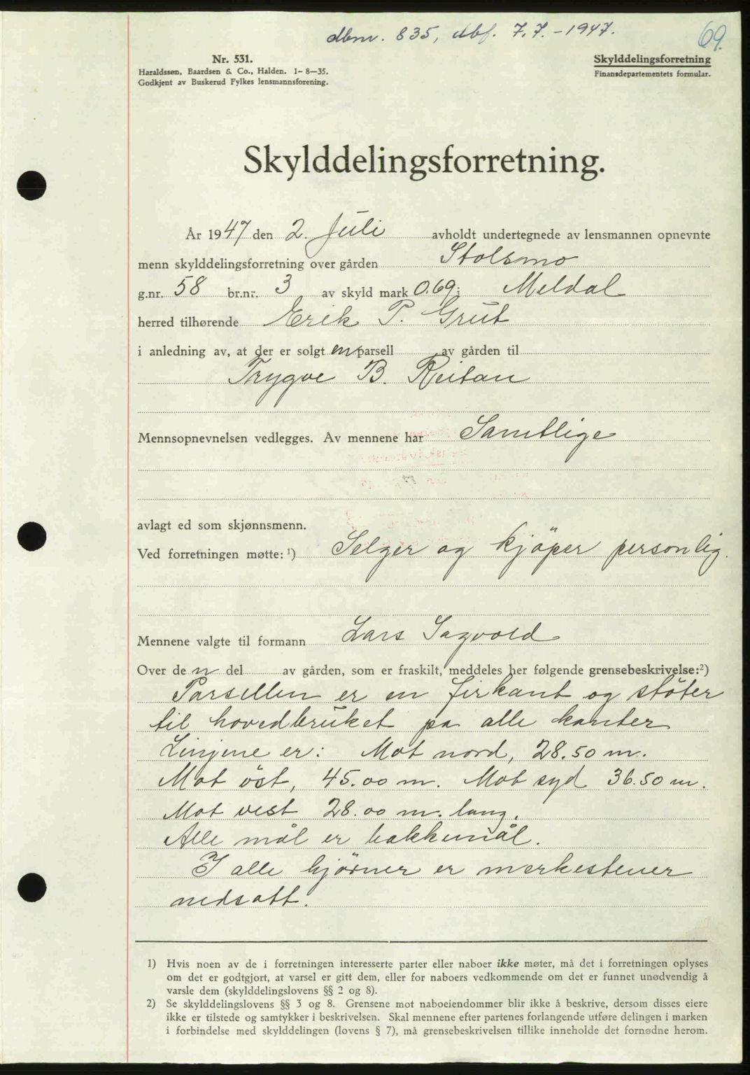 Orkdal sorenskriveri, SAT/A-4169/1/2/2C: Pantebok nr. A, 1947-1947, Dagboknr: 835/1947