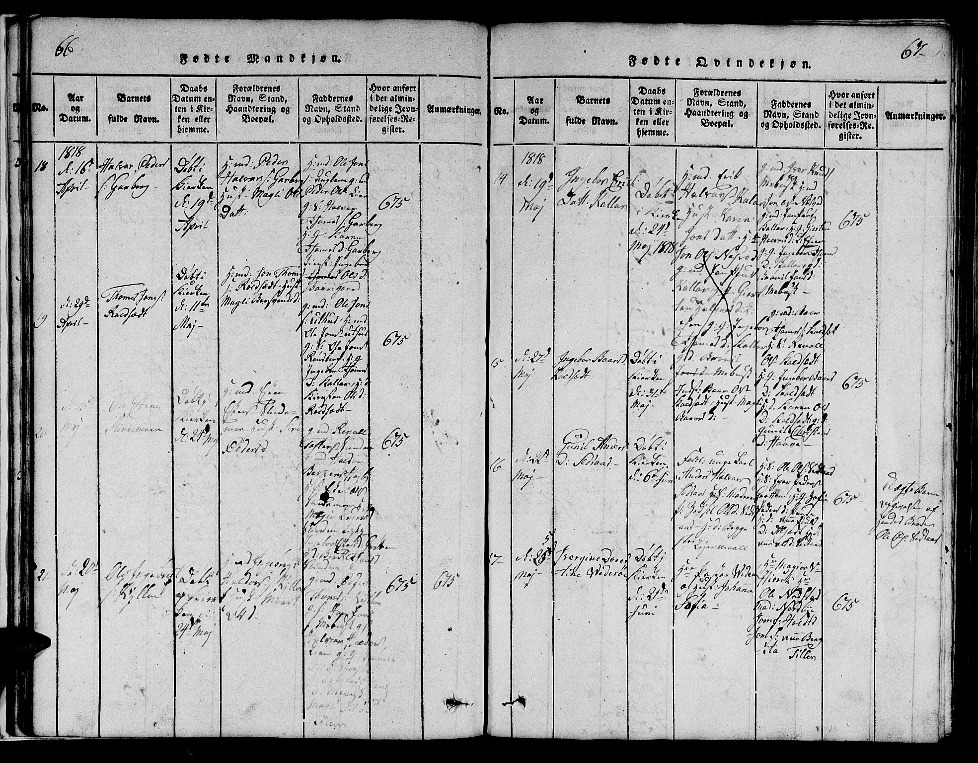 Ministerialprotokoller, klokkerbøker og fødselsregistre - Sør-Trøndelag, AV/SAT-A-1456/695/L1152: Klokkerbok nr. 695C03, 1816-1831, s. 66-67