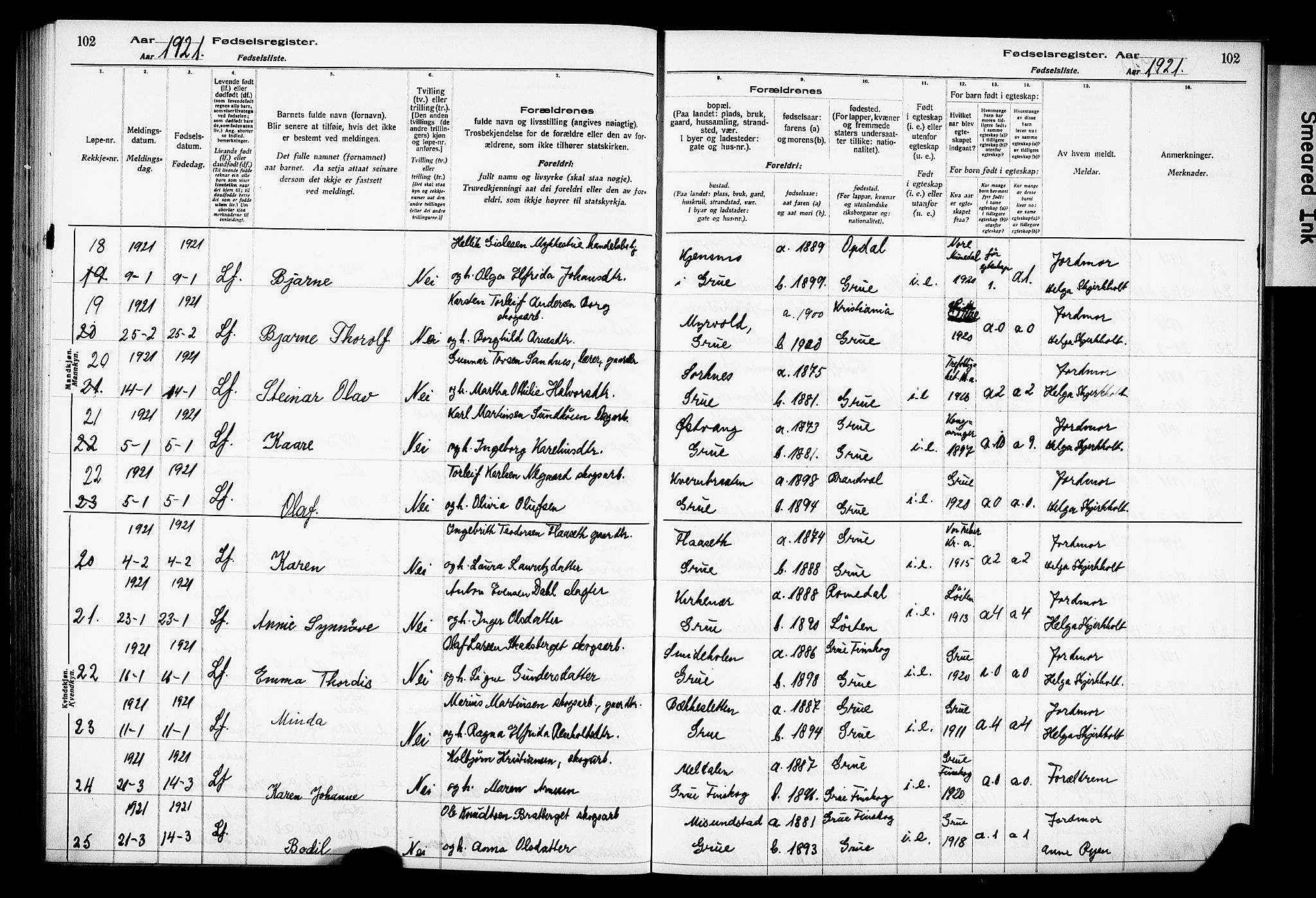 Grue prestekontor, AV/SAH-PREST-036/I/Id/Ida/L0001: Fødselsregister nr. I 1, 1916-1926, s. 102