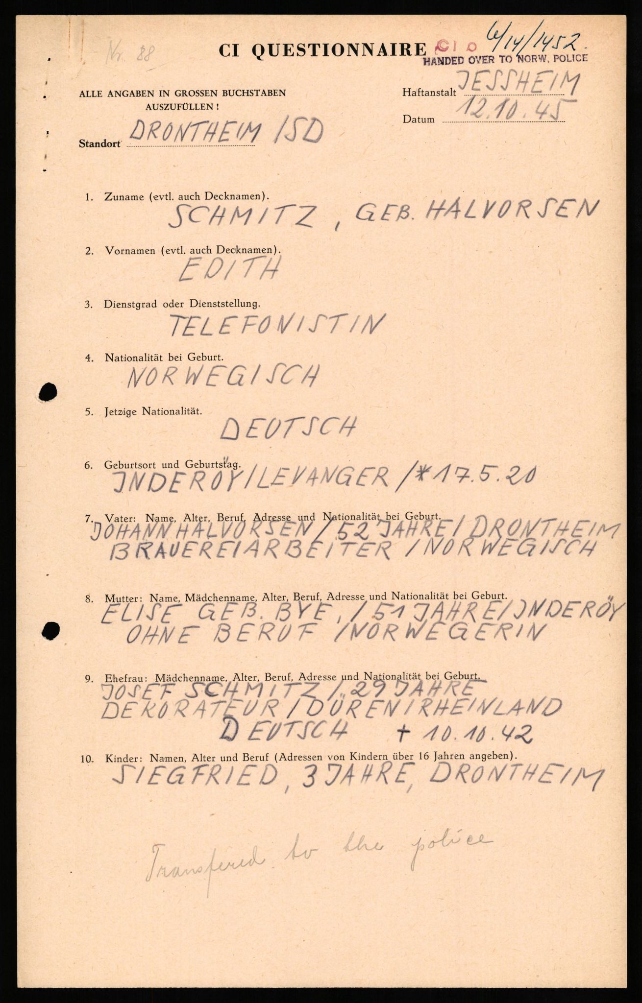 Forsvaret, Forsvarets overkommando II, RA/RAFA-3915/D/Db/L0029: CI Questionaires. Tyske okkupasjonsstyrker i Norge. Tyskere., 1945-1946, s. 454