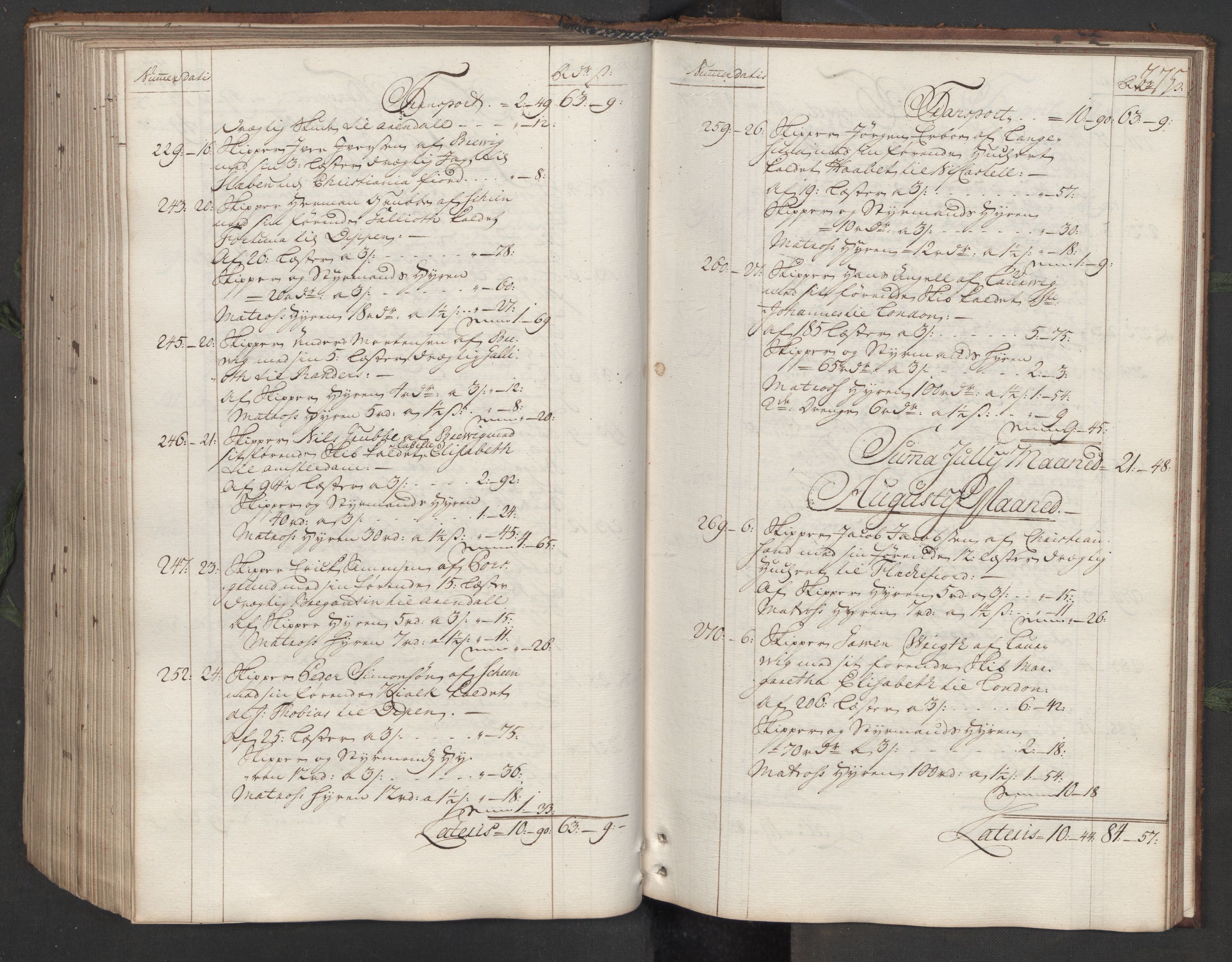 Generaltollkammeret, tollregnskaper, AV/RA-EA-5490/R12/L0007/0001: Tollregnskaper Langesund / Hovedtollbok, 1731, s. 274b-275a