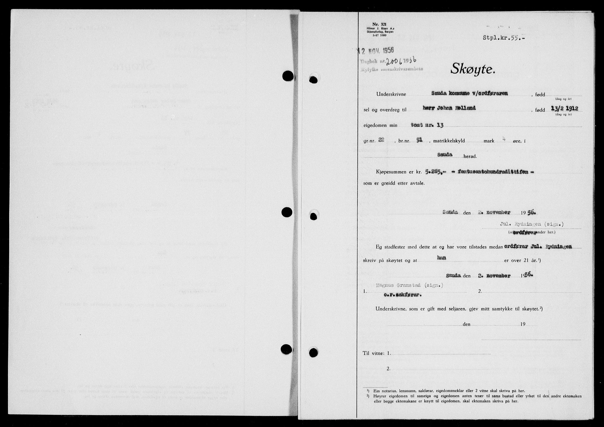 Ryfylke tingrett, SAST/A-100055/001/II/IIB/L0135: Pantebok nr. 114, 1956-1957, Dagboknr: 2006/1956
