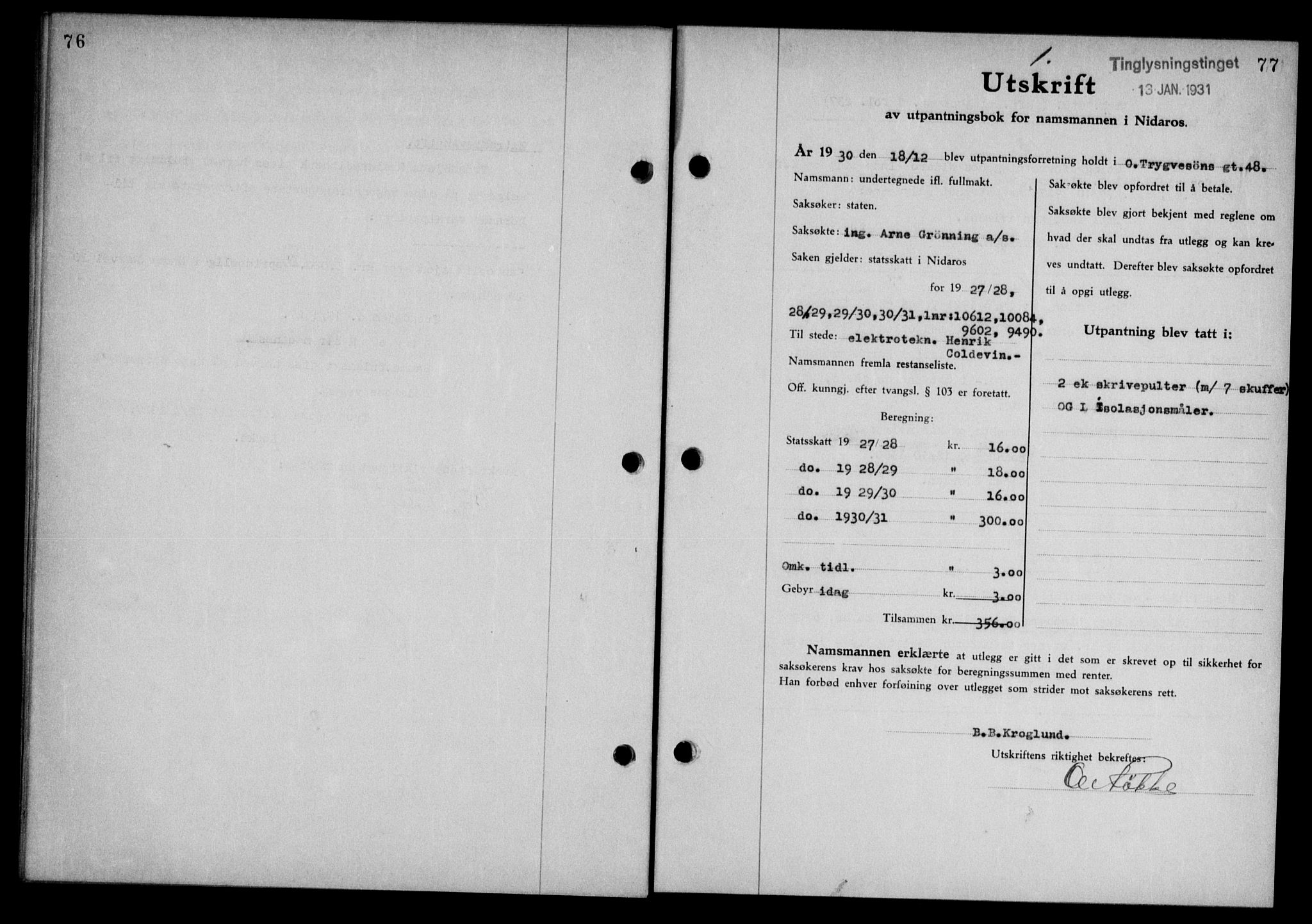 Trondheim byfogd, SAT/A-0003/1/2/2C/L0079: Pantebok nr. 78, 1931-1931, Tingl.dato: 13.01.1931