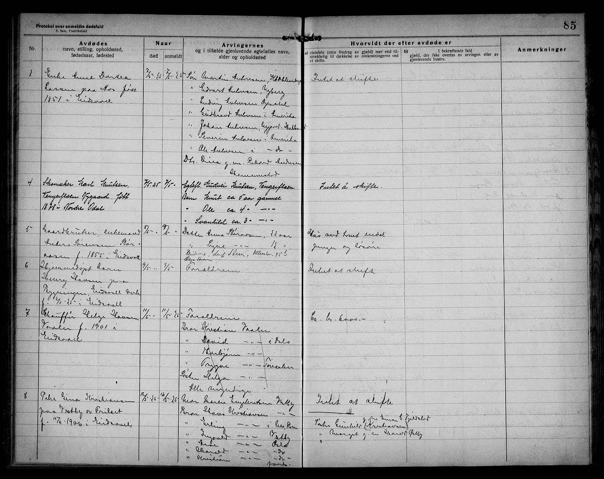 Eidsvoll lensmannskontor, AV/SAO-A-10266a/H/Ha/Haa/L0005: Dødsfallprotokoll, 1921-1930, s. 85