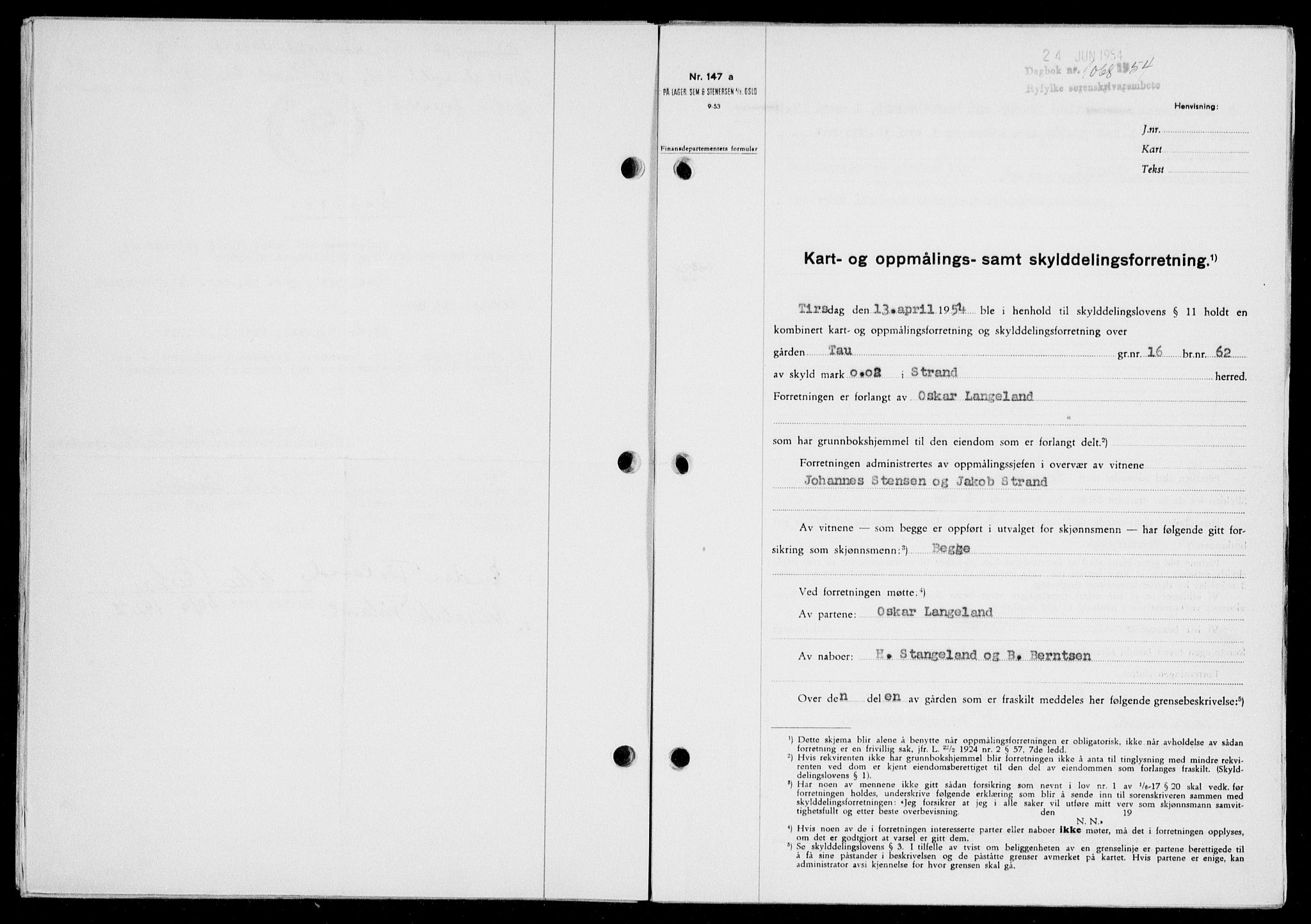 Ryfylke tingrett, SAST/A-100055/001/II/IIB/L0125: Pantebok nr. 104, 1954-1954, Dagboknr: 1068/1954