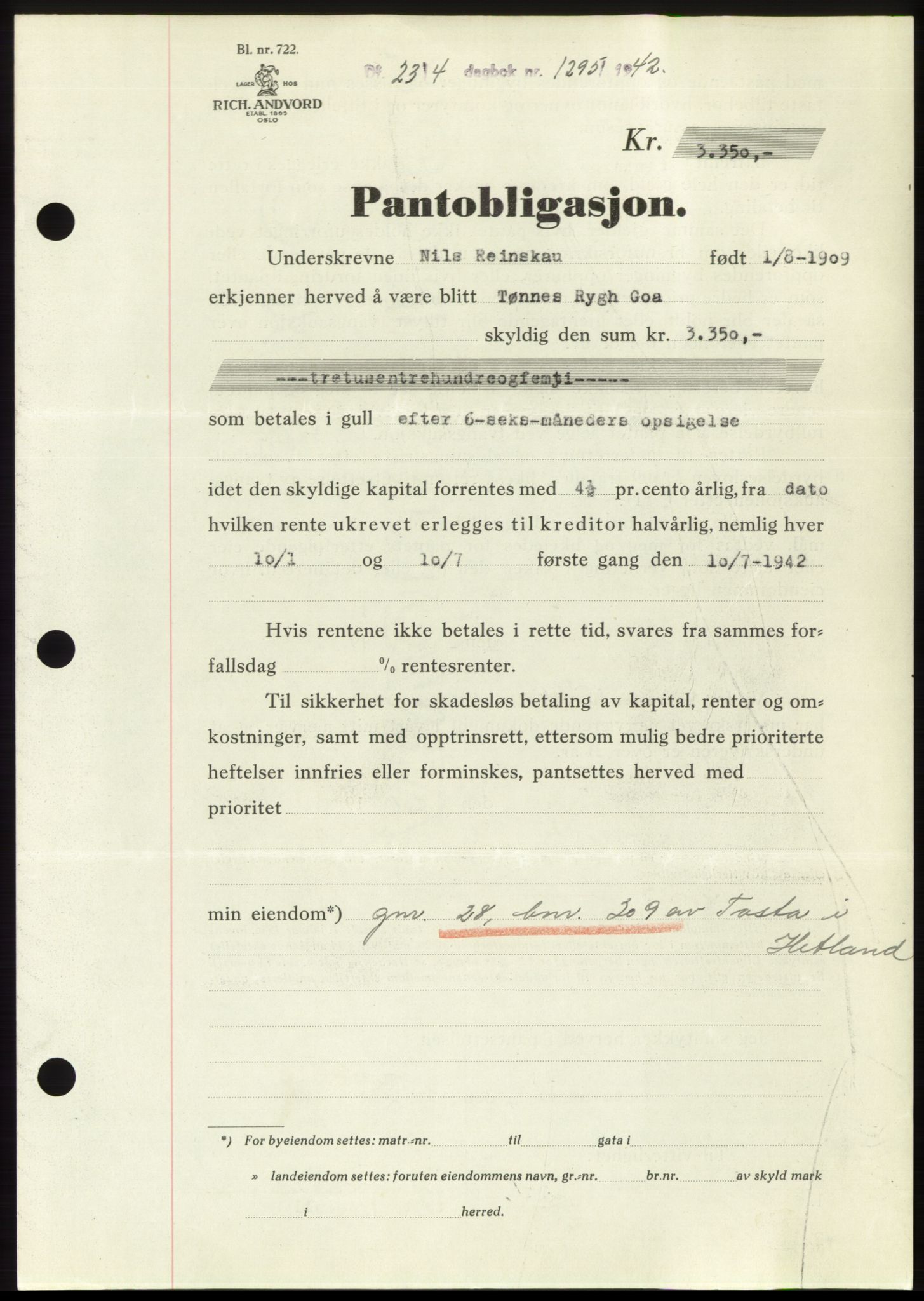 Jæren sorenskriveri, SAST/A-100310/03/G/Gba/L0082: Pantebok, 1942-1942, Dagboknr: 1295/1942