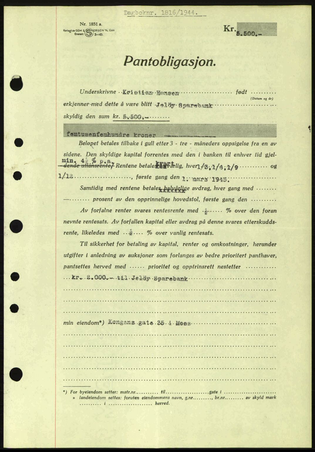 Moss sorenskriveri, SAO/A-10168: Pantebok nr. B13, 1943-1945, Dagboknr: 1816/1944
