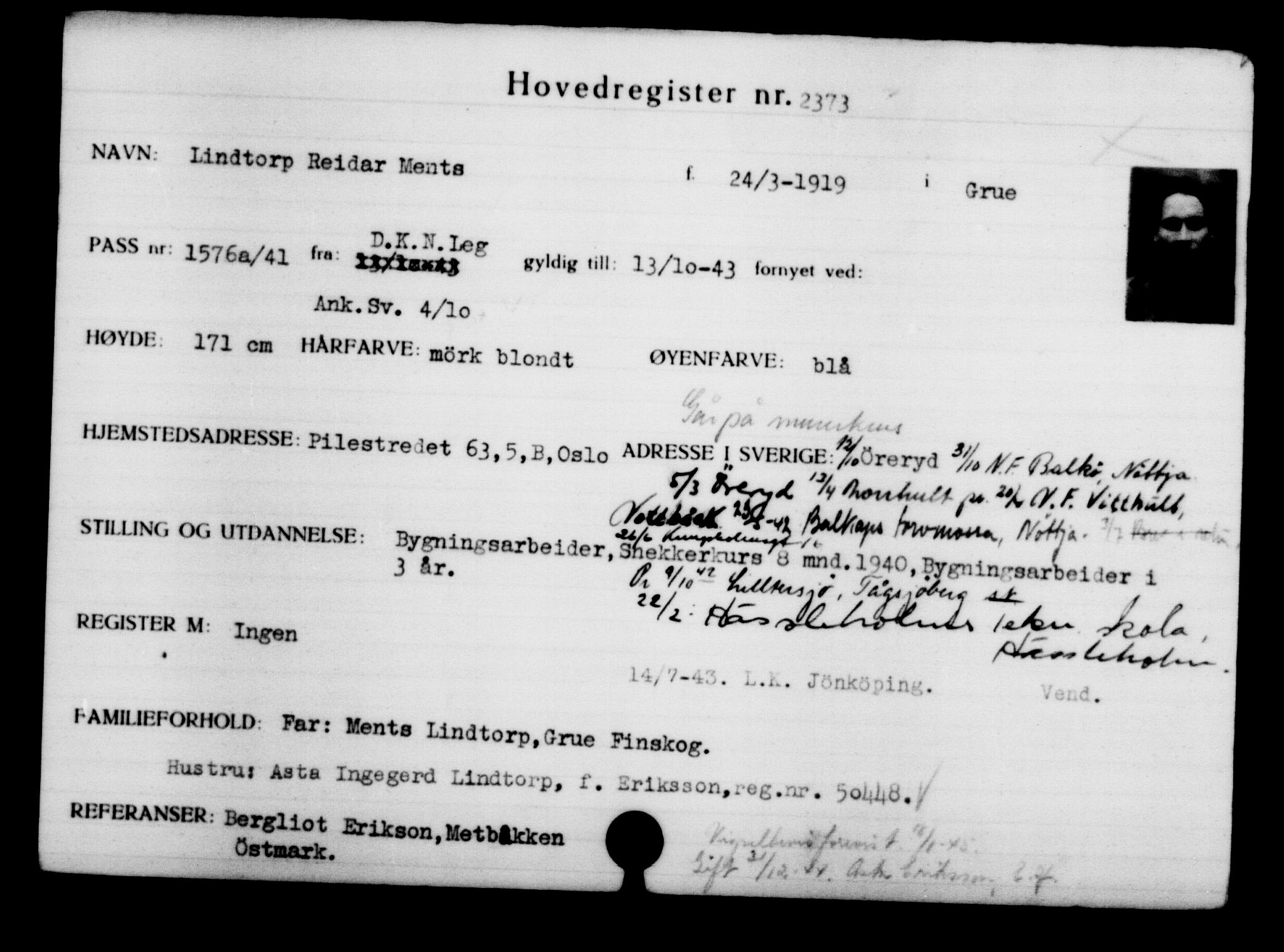 Utenriksstasjonene, Legasjonen i Stockholm, Flyktningkontoret, AV/RA-S-6753/V/Va/L0003: Kjesäterkartoteket, flyktninger med registreringsnr. 2001-3495, 1940-1945, s. 526