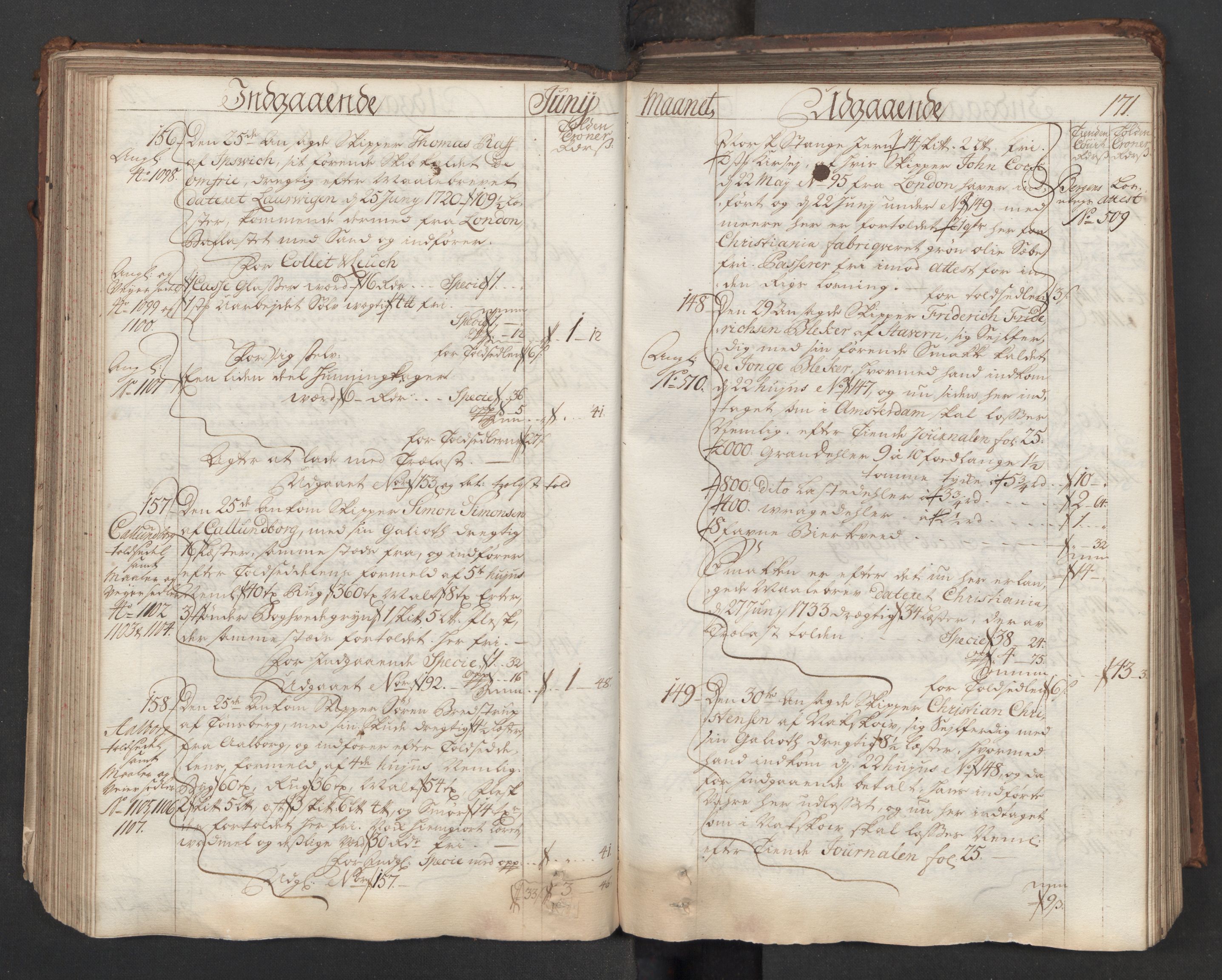 Generaltollkammeret, tollregnskaper, AV/RA-EA-5490/R06/L0015/0001: Tollregnskaper Kristiania / Hovedtollbok, 1733, s. 170b-171a